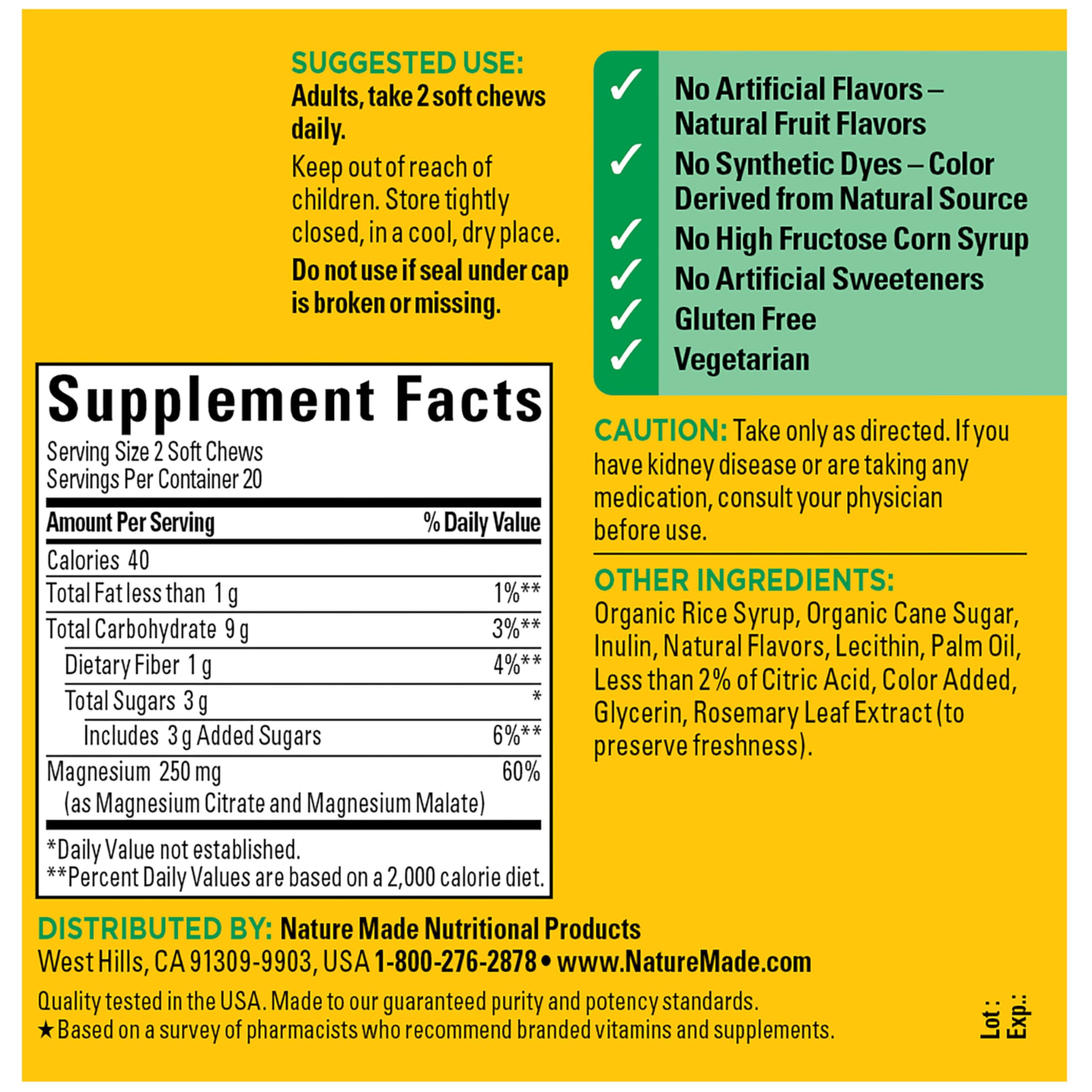 Nature Made High Absorption Magnesium Complex Soft Chews, Magnesium Supplement for Muscle, Heart, Bone Support, Magnesium Citrate & Malate Blend 250 mg per Serving, 40 Vegetarian Chews, 20 Day Supply Nature Made uk supplements