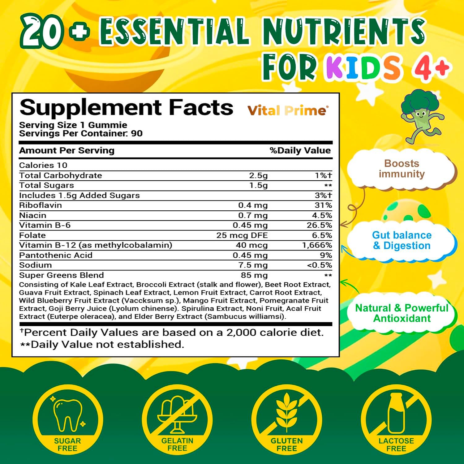 FourRoar Vital Prime Super Green Gummies for Kids 90 Count Strawberry & Watermelon Flavor | Fruit and Vegetable Gummies | Vegan Veggies Gummy Multivitamin for Kids FourRoar uk supplements