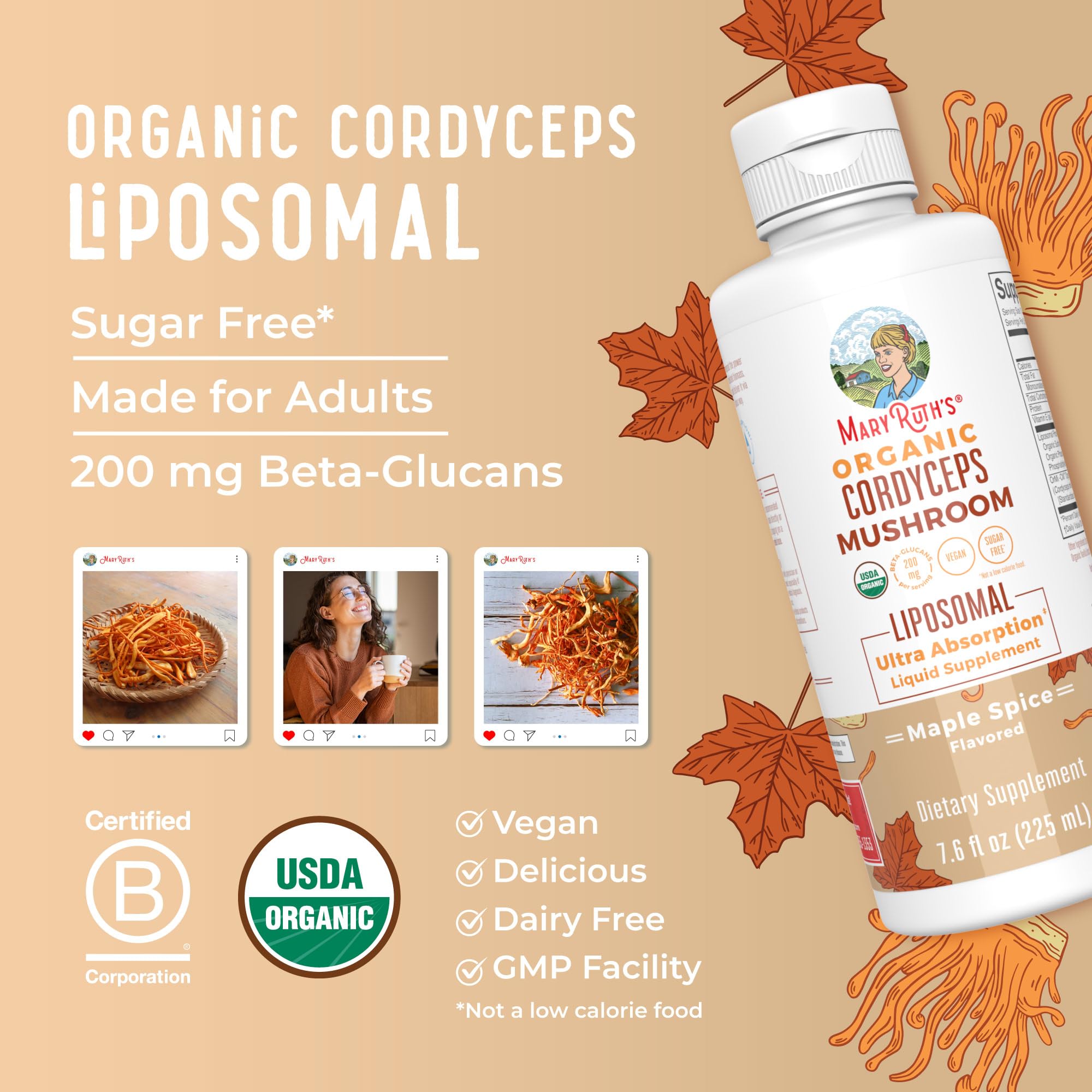 MaryRuth Organics Cordyceps Mushroom Supplement | Ultra Absorption Liposomal | Full Spectrum Mushroom | 200mg Beta-Glucans Per Serving | USDA Organic | Vegan | 7.6 oz | 15 Servings MARYRUTH'S uk supplements