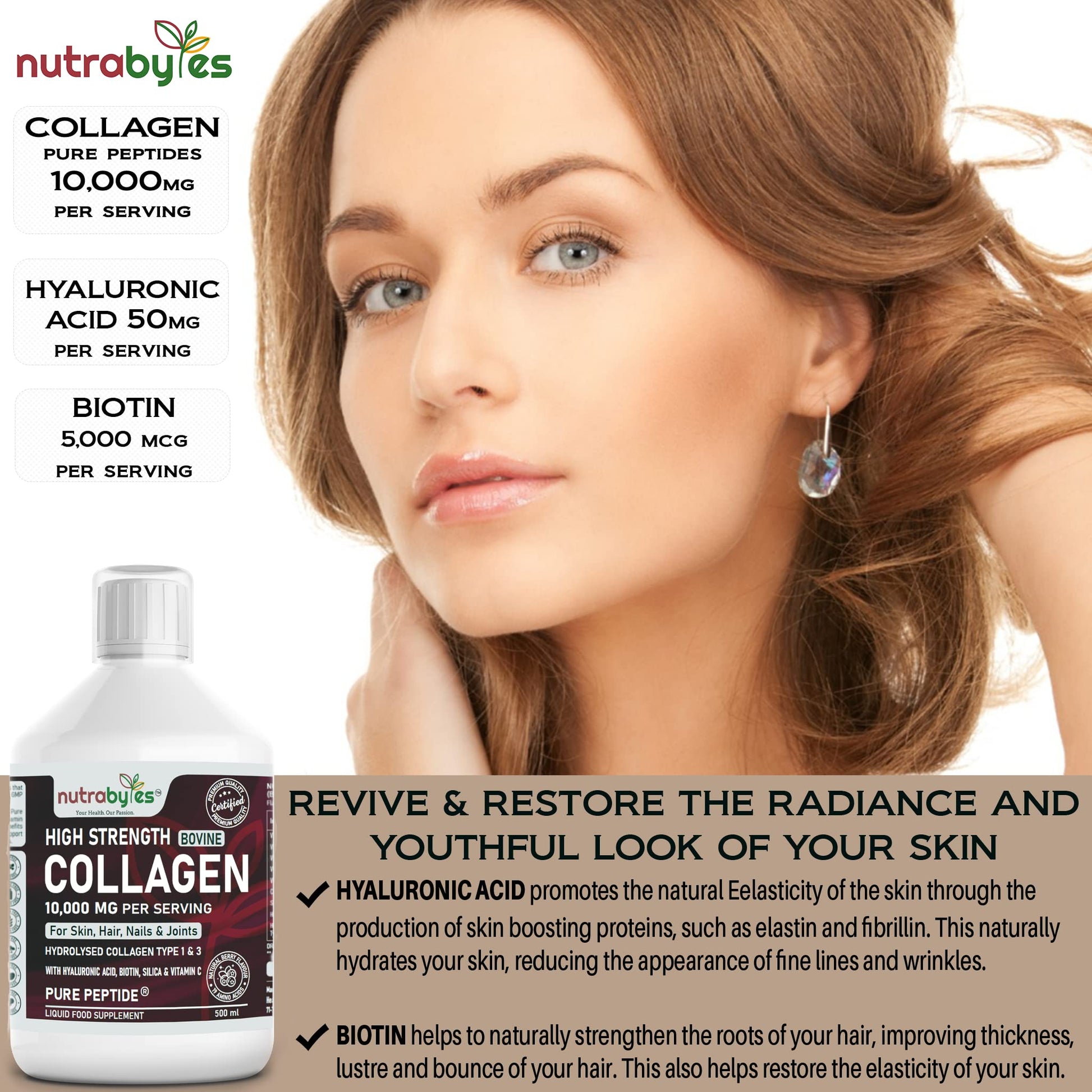 Collagen Liquid 10000mg, Hydrolysed Peptides | Hyaluronic Acid, Biotin, Silica, Vitamin C, Vitamin B12 NUTRABYTES uk supplements