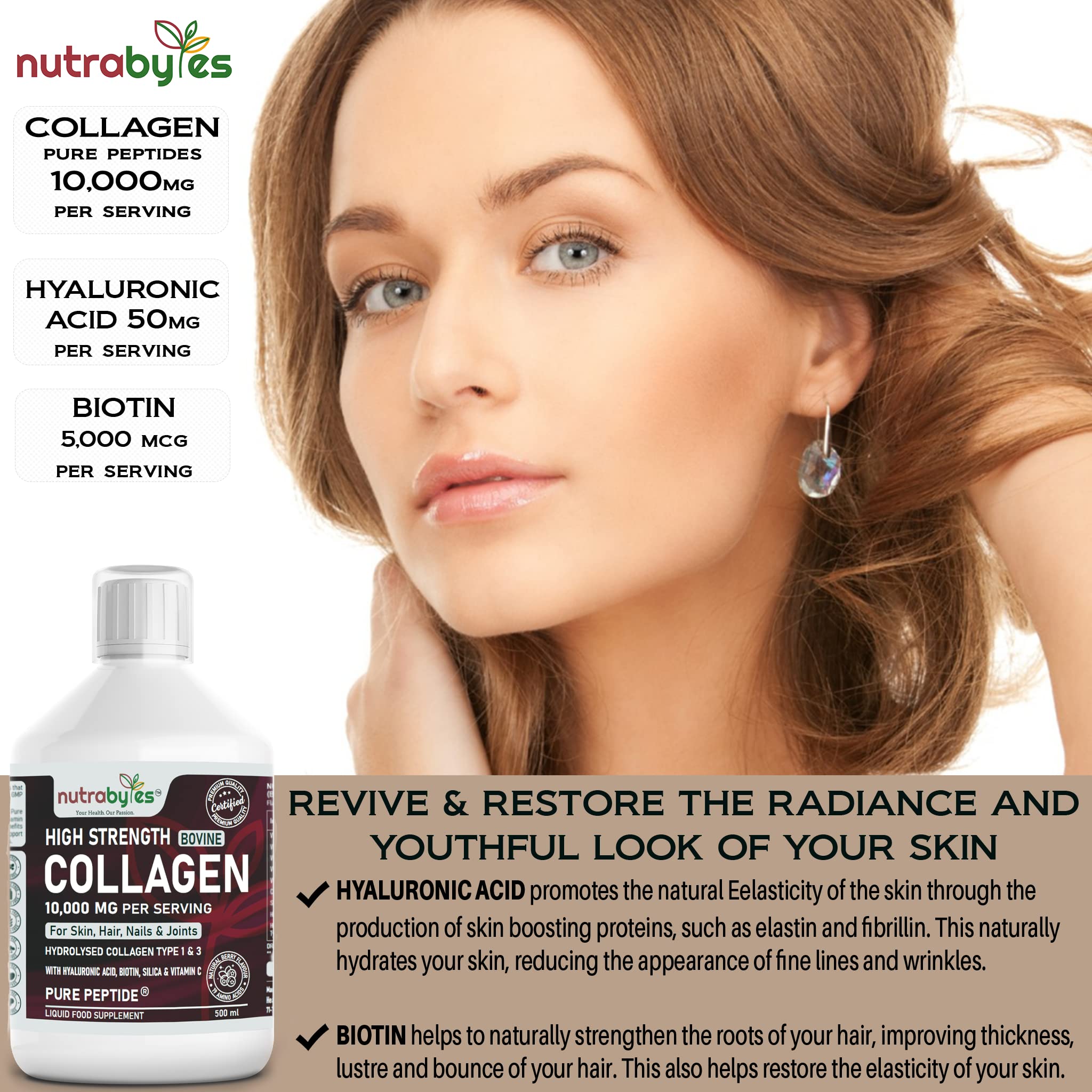 Collagen Liquid 10000mg, Hydrolysed Peptides | Hyaluronic Acid, Biotin, Silica, Vitamin C, Vitamin B12 NUTRABYTES uk supplements
