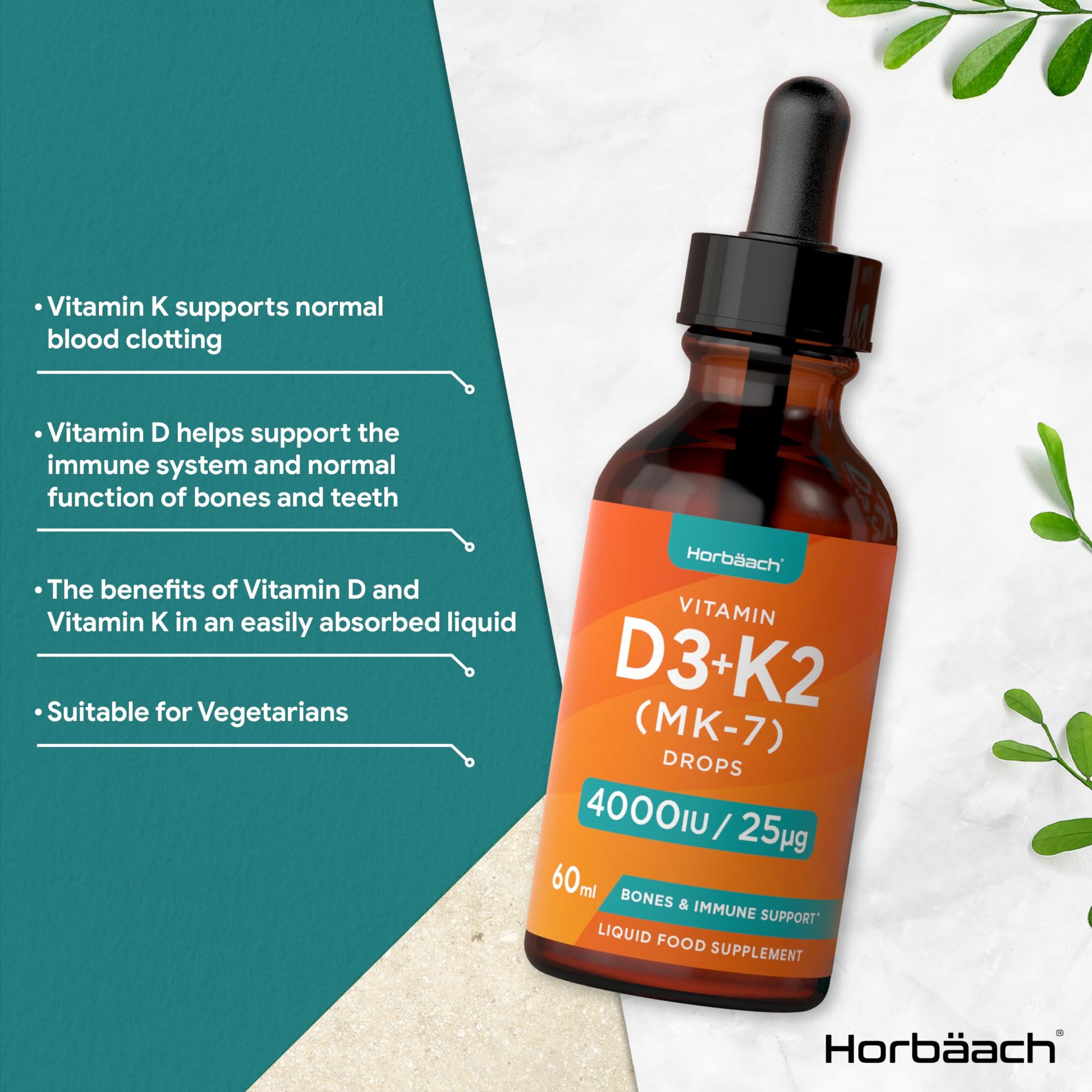 Vitamin D3 K2 Drops | 60mL | High Strength Vitamin D3 4000iu and K2 25ug | No Artificial Horbäach uk supplements