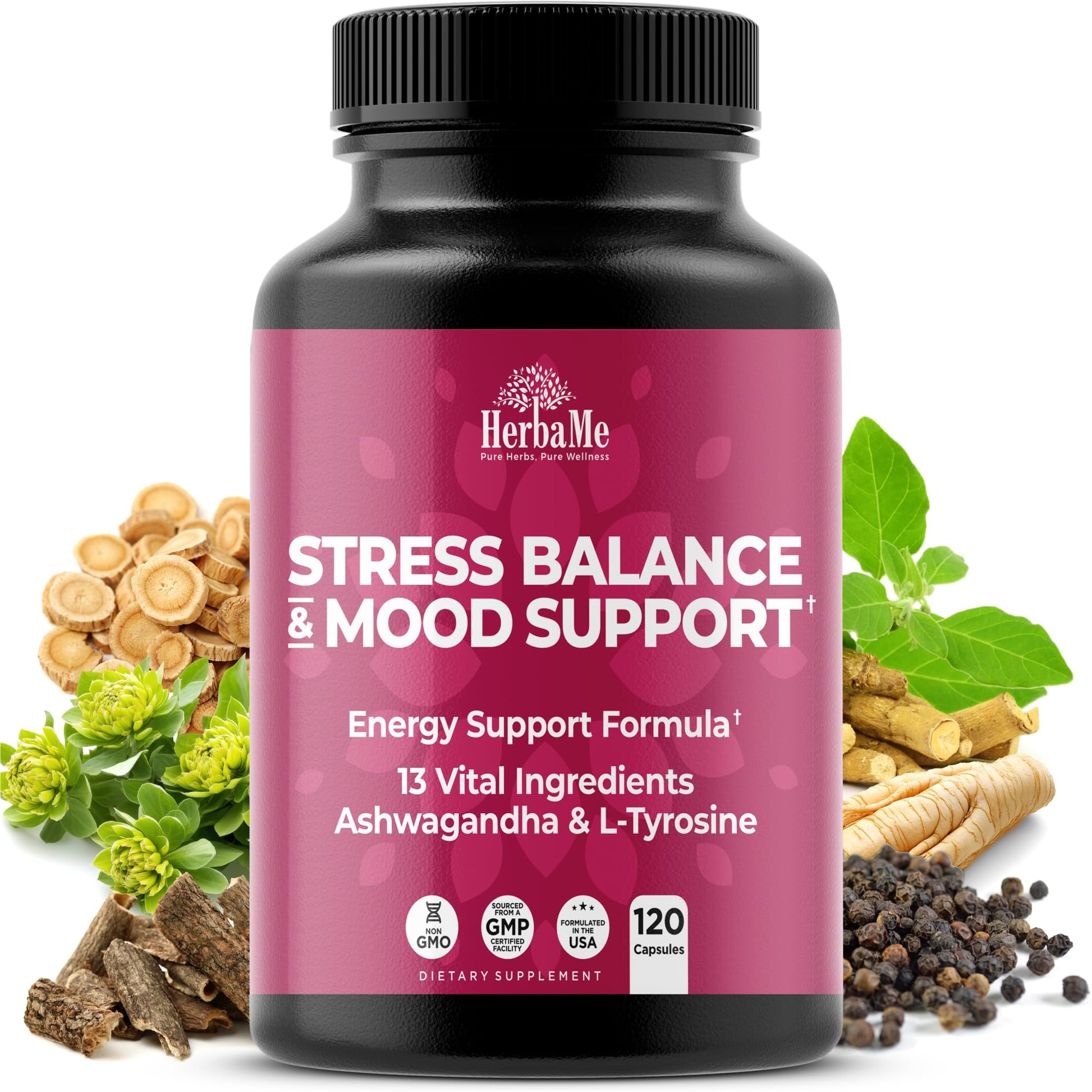 HerbaMe Cortisol Manager Supplement and Balance Mood with Ashwagandha & L-Tyrosine, 120 Capsules, Helps Maintain Healthy Energy Levels and Stress Relief, Fatigue Reducer Pills HerbaMe uk supplements