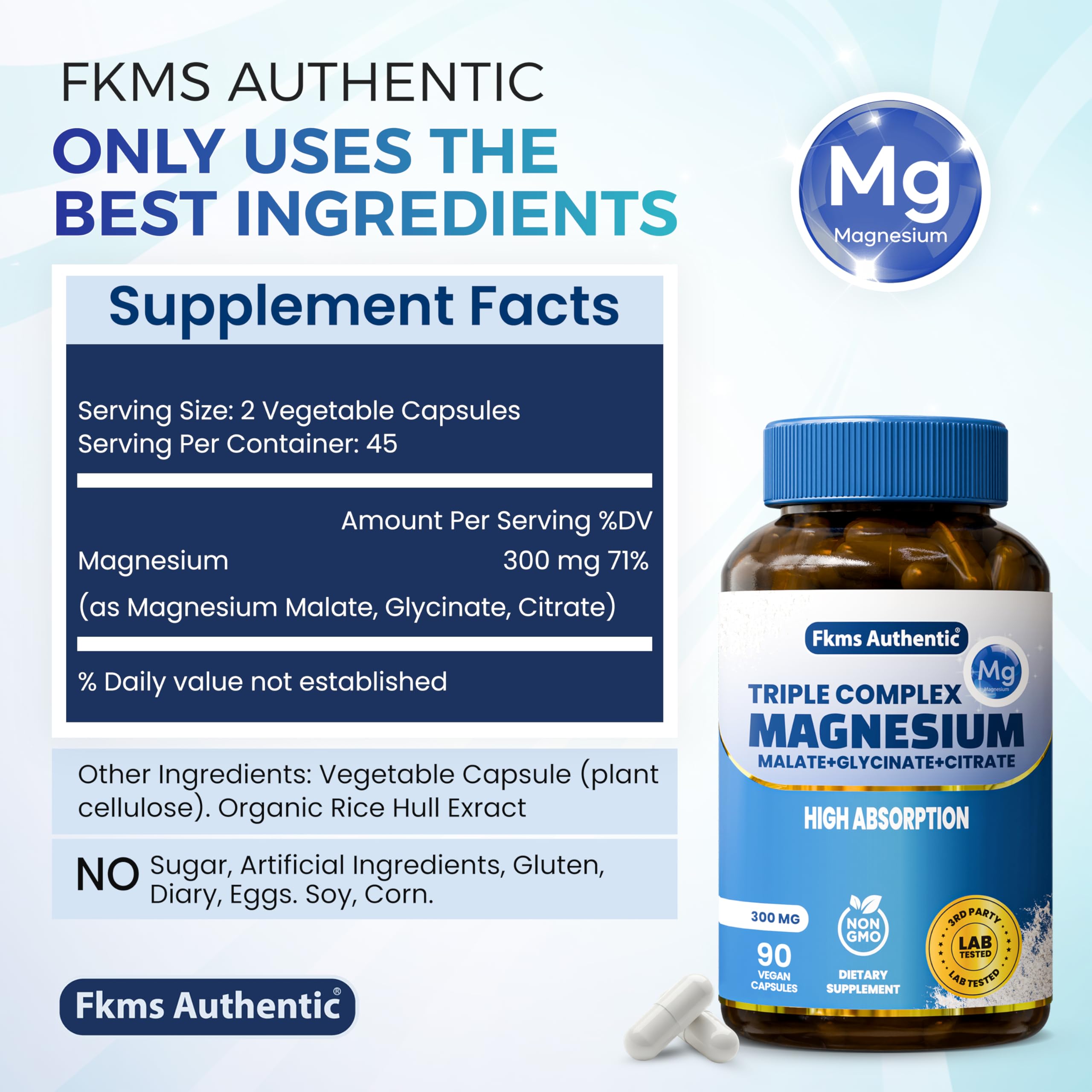 FKMS Authentic Triple Magnesium Complex | 300mg Magnesium Glycinate, Malate & Citrate for Sleep, Stress & Muscle Support | Non-GMO, Vegan, Gentle on Stomach | High Absorption | 90 Capsules FKMS AUTHENTIC uk supplements