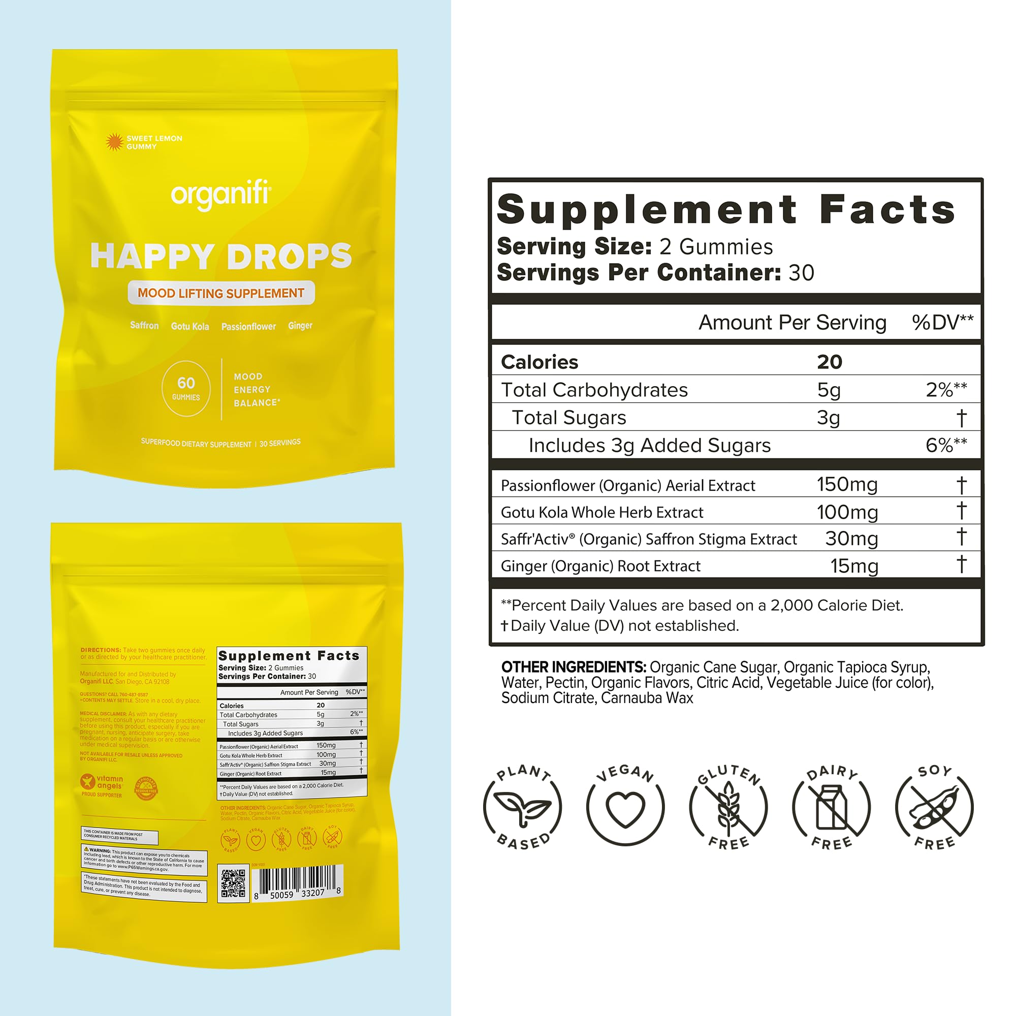 Organifi Happy Drops - Daily Superfood Happy Gummies for Adults - Mood Support Supplement for Balance, Bliss, Energy and Taking the Edge Off - Sweet Lemon Flavor - 60 Gummies Organifi uk supplements