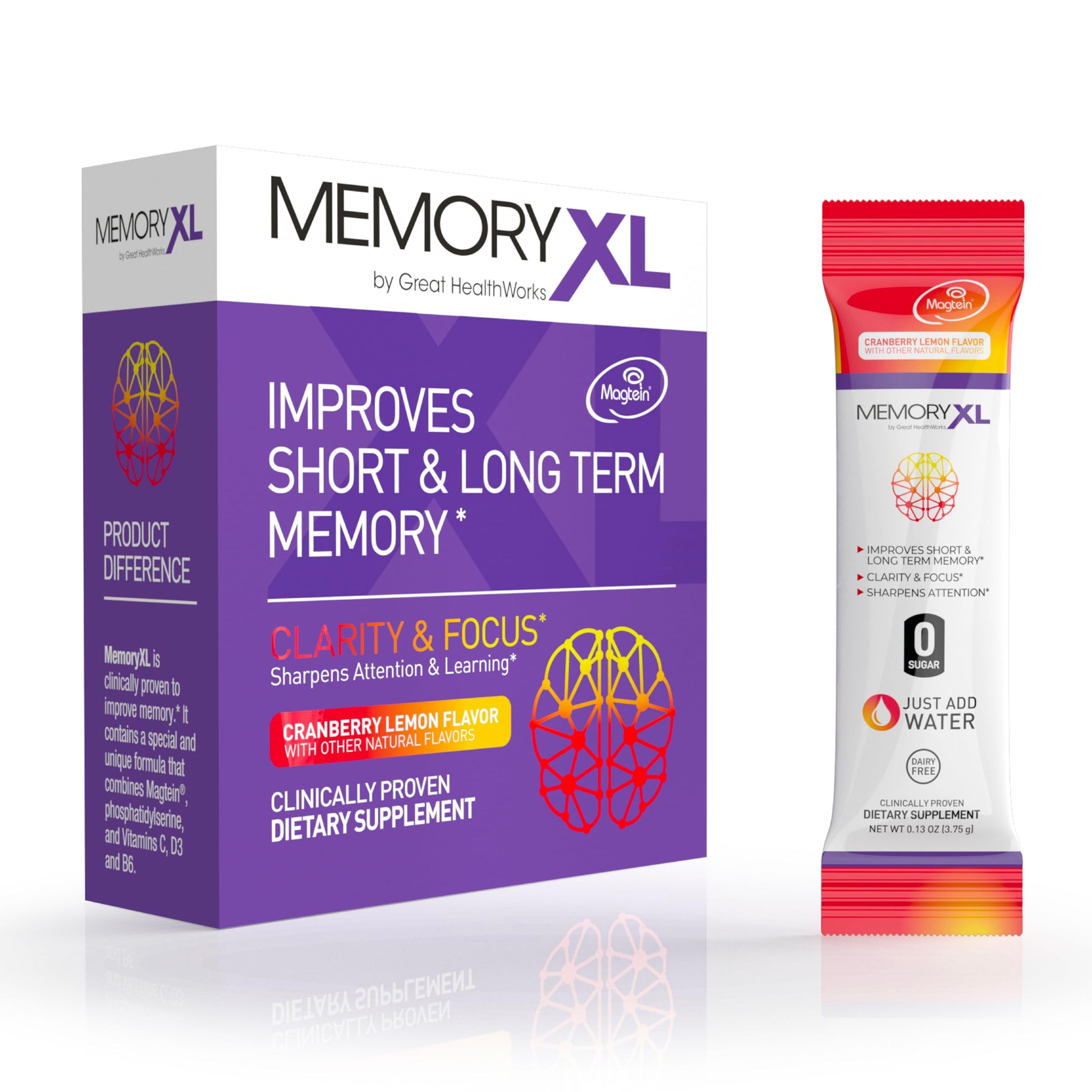 MemoryXL, Magnesium L-Threonate: Brain Supplement for Memory & Focus; Magtein®, Phosphatidylserine, Vitamin Mix. Improves Memory Focus Attention Learning & Logic. 0 Sugar, 0 cal, 30pk Cranberry Lemon OmegaXL uk supplements