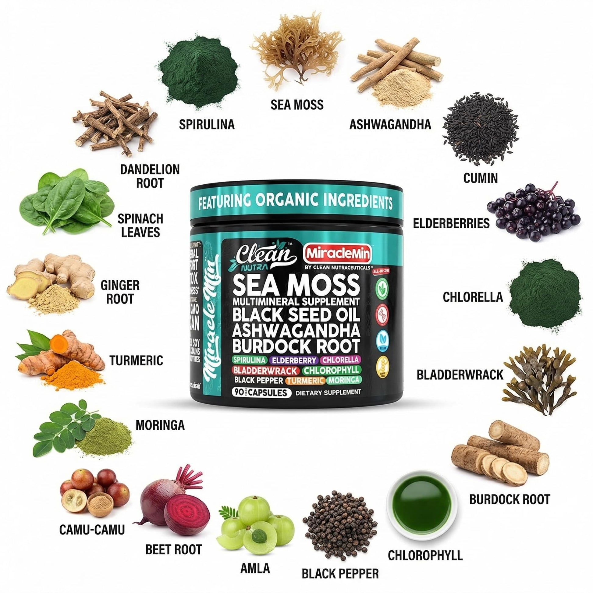 Clean Nutra Organic Sea Moss Capsules with Ashwagandha, Black Seed Oil, Burdock Root, Bladderwrack, Moringa, Chlorella, Spirulina, Turmeric, Elderberry, Amla – 90 Vegan Capsules – MiracleMin Clean Nutraceuticals uk supplements