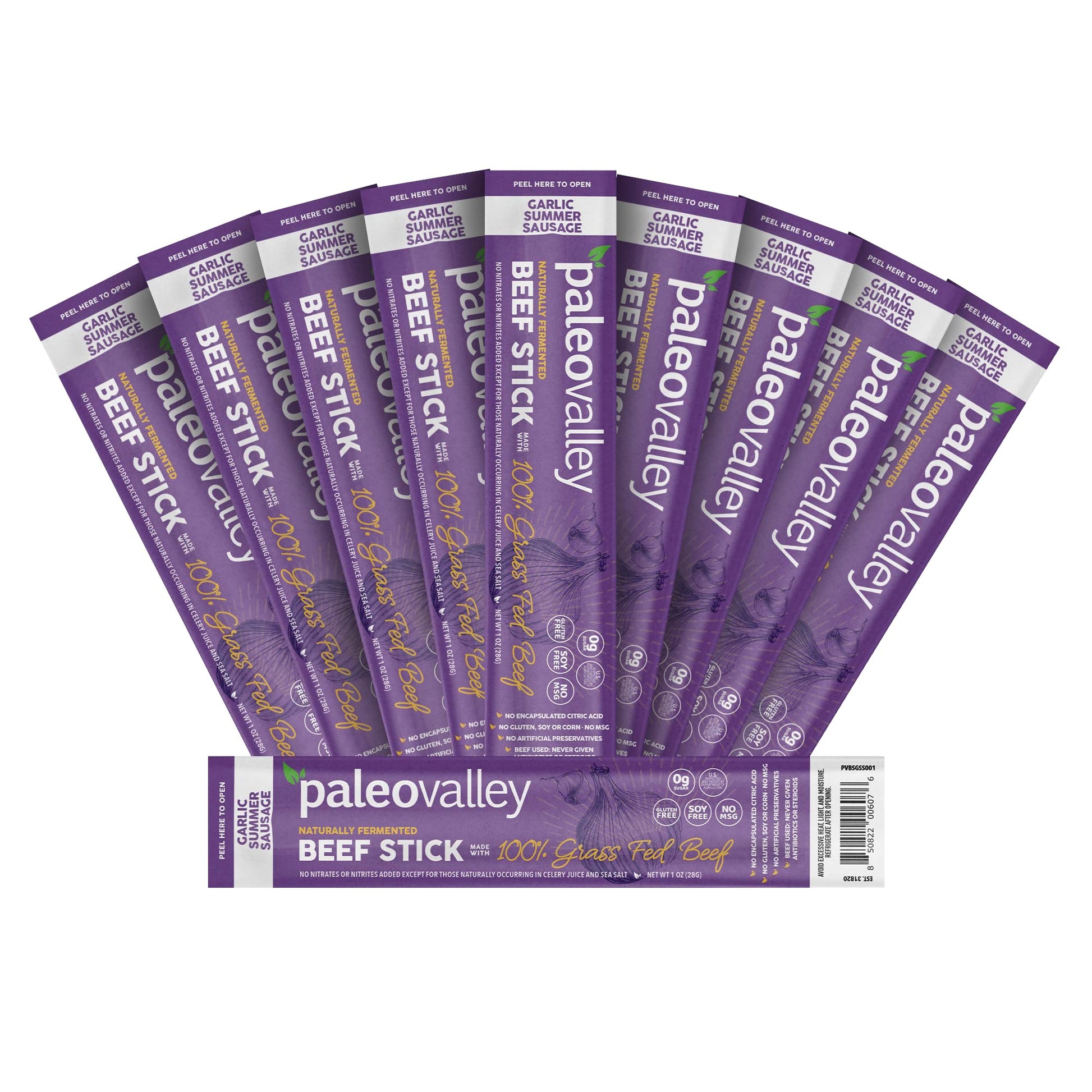 Paleovalley 100% Grass Fed Garlic Summer Sausage Beef Sticks - Delicious Gluten Free Beef Snack - High Protein Keto Friendly Paleovalley uk supplements