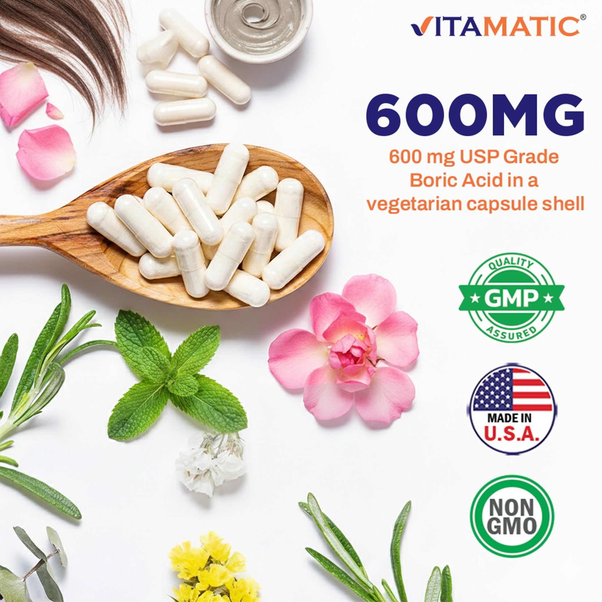 Vitamatic Boric Acid Vaginal Capsule Shell Suppositories 600 mg USP Grade Boric Acid in Vegetarian Capsule Shell - 60 Count Vitamatic uk supplements
