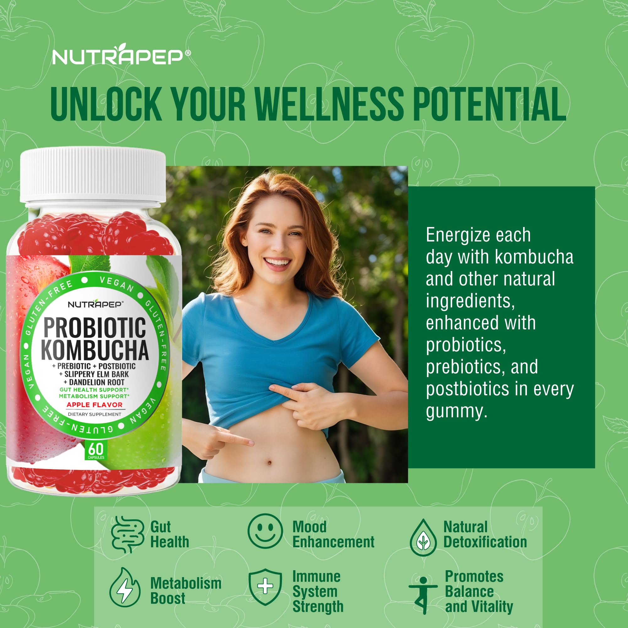 NutraPep Probiotic Kombucha Gummies - Women Men Probiotic Prebiotic Probiotic Blend for Gut Health Bloating Metabolism Support with Slippery Elm Bark Dandelion Root - Vegan Gluten Free Apple Flavor NutraPep uk supplements