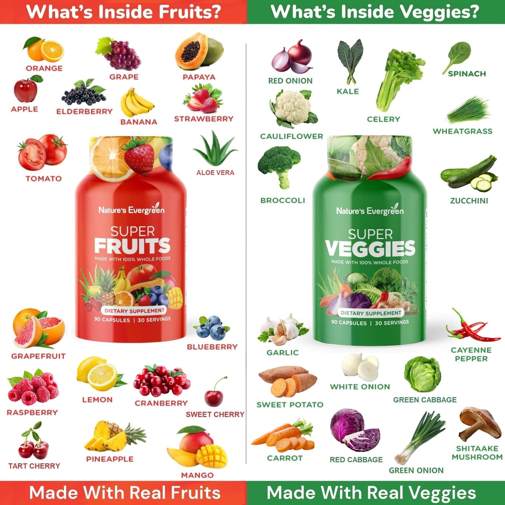 Fruits and Veggies Supplement - Nature Fruits and Vegetables Supplements - Vegan, Non GMO, Soy Free, Superfood Vitamins & Minerals Nutritional Balance - (Total 180 Capsules - Pack of 2) Made in USA Nature's Evergreen uk supplements