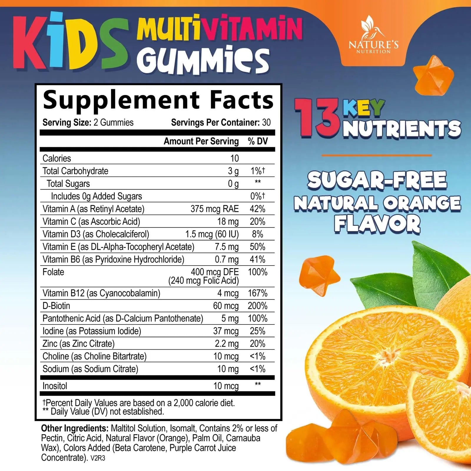 Kids Multivitamin Gummies - Improved Sugar-Free Formula - 100% Daily Folate, Kids Vitamins with Essential Vitamins A, C, D3, E, B6, B12 Nature's Nutrition uk supplements
