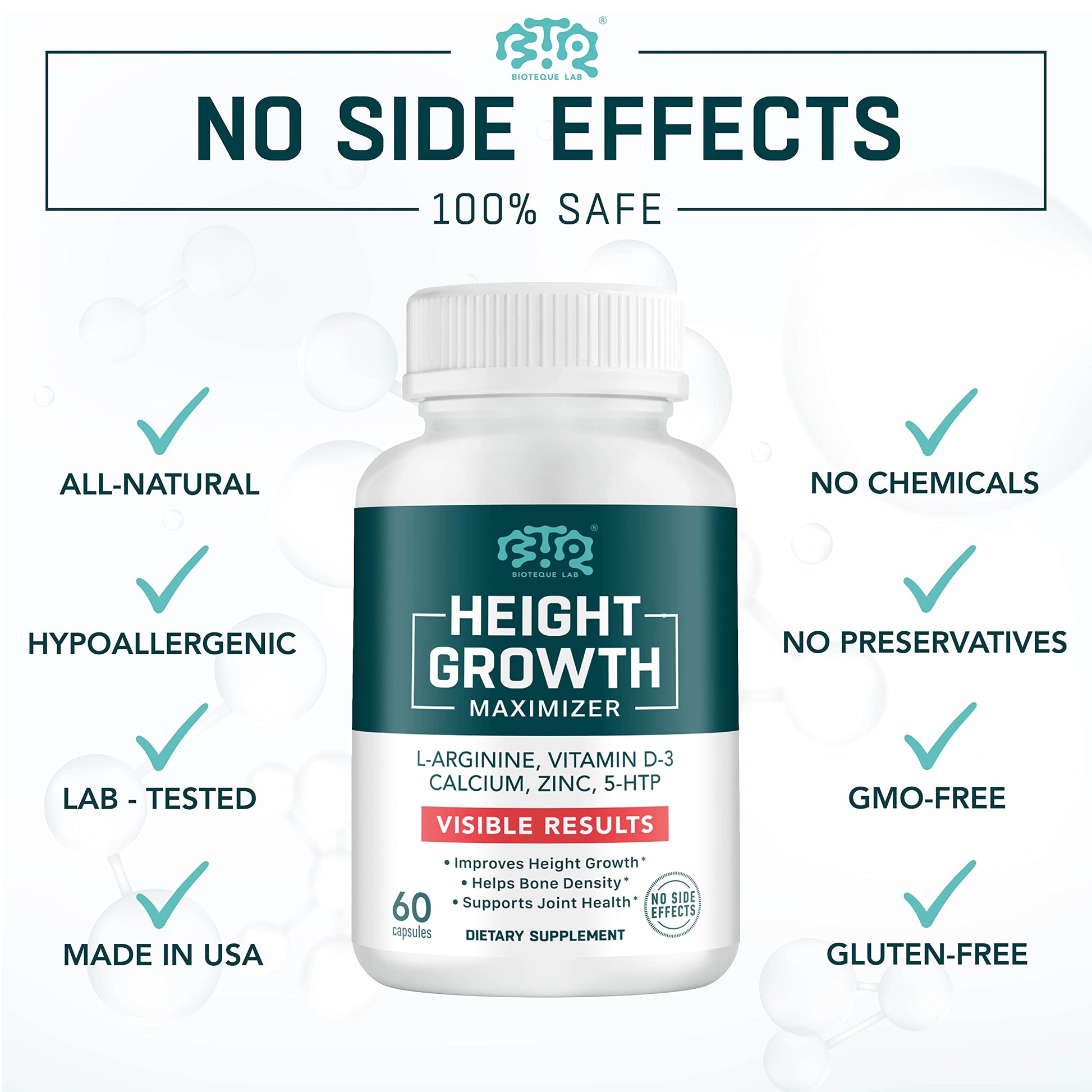 BIOTEQUELAB Height Growth Maximizer, Calcium, Vitamin D3 and Zinc Blend Pills, Bone Growth Supplement for Kids and Teens, Bone Strength, Density Support, GMO-Free, Gluten-Free, Made in USA, 60 Caps BTQ BIOTEQUE LAB uk supplements