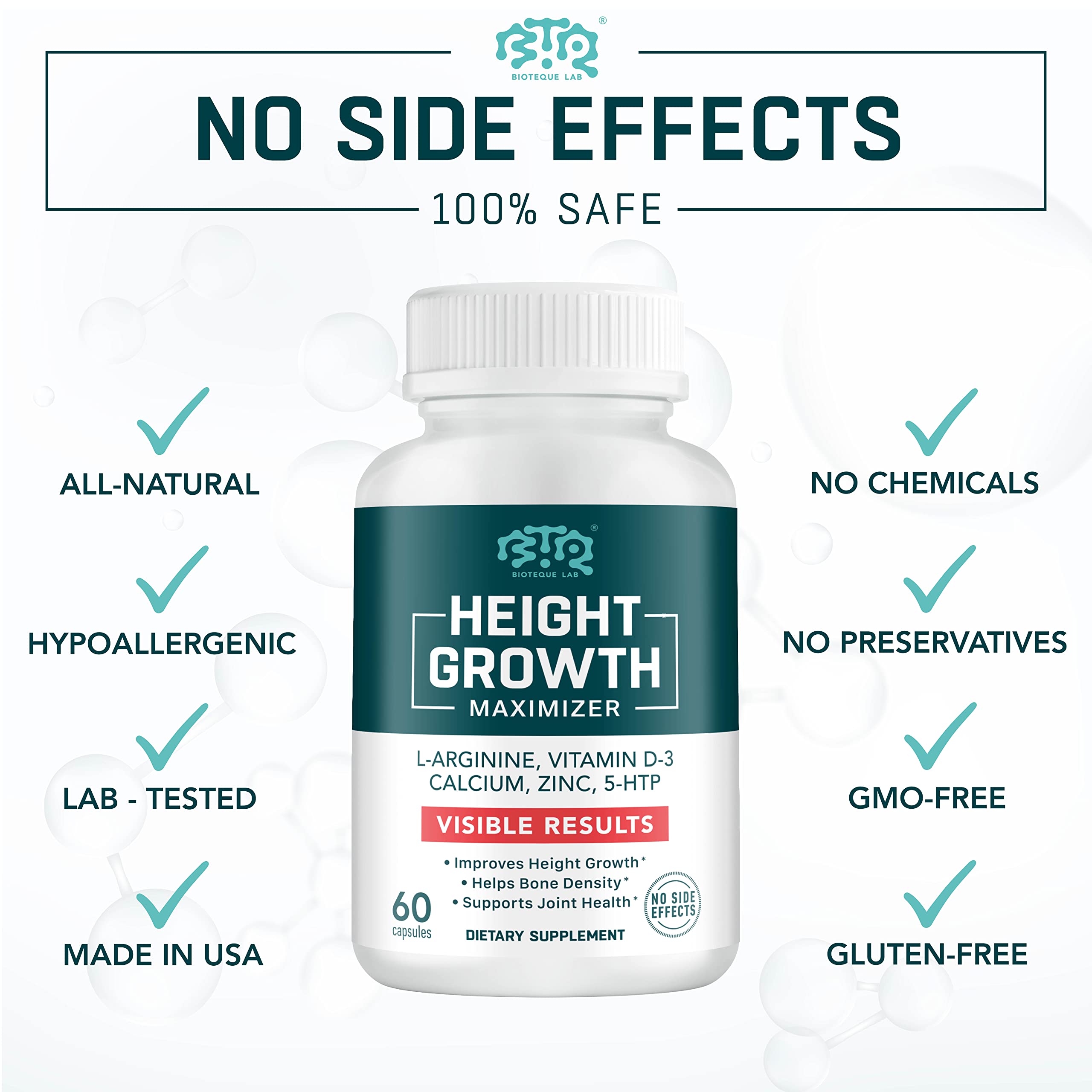 BIOTEQUELAB Height Growth Maximizer, Calcium, Vitamin D3 and Zinc Blend Pills, Bone Growth Supplement for Kids and Teens, Bone Strength, Density Support, GMO-Free, Gluten-Free, Made in USA, 60 Caps BTQ BIOTEQUE LAB uk supplements