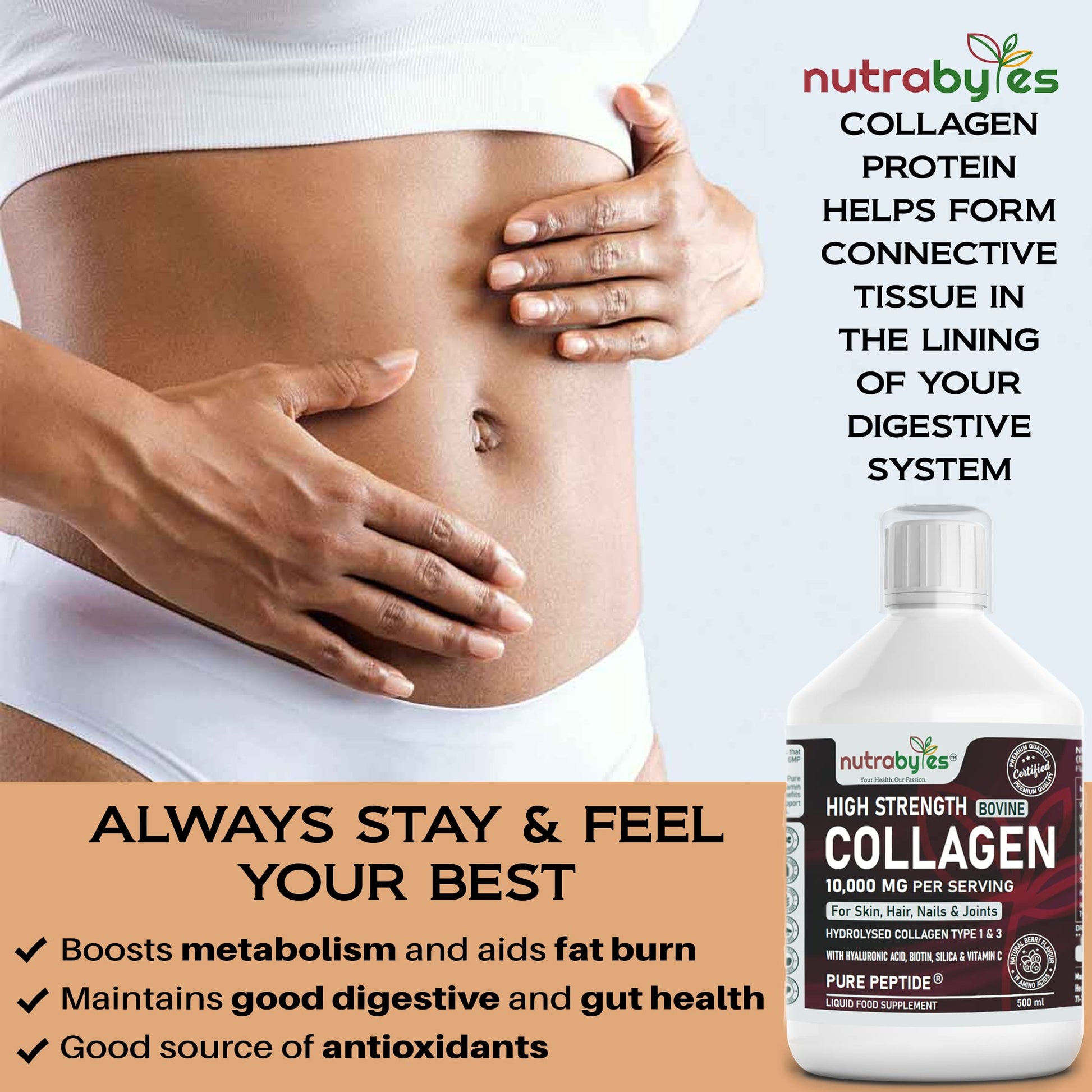 Collagen Liquid 10000mg, Hydrolysed Peptides | Hyaluronic Acid, Biotin, Silica, Vitamin C, Vitamin B12 NUTRABYTES uk supplements