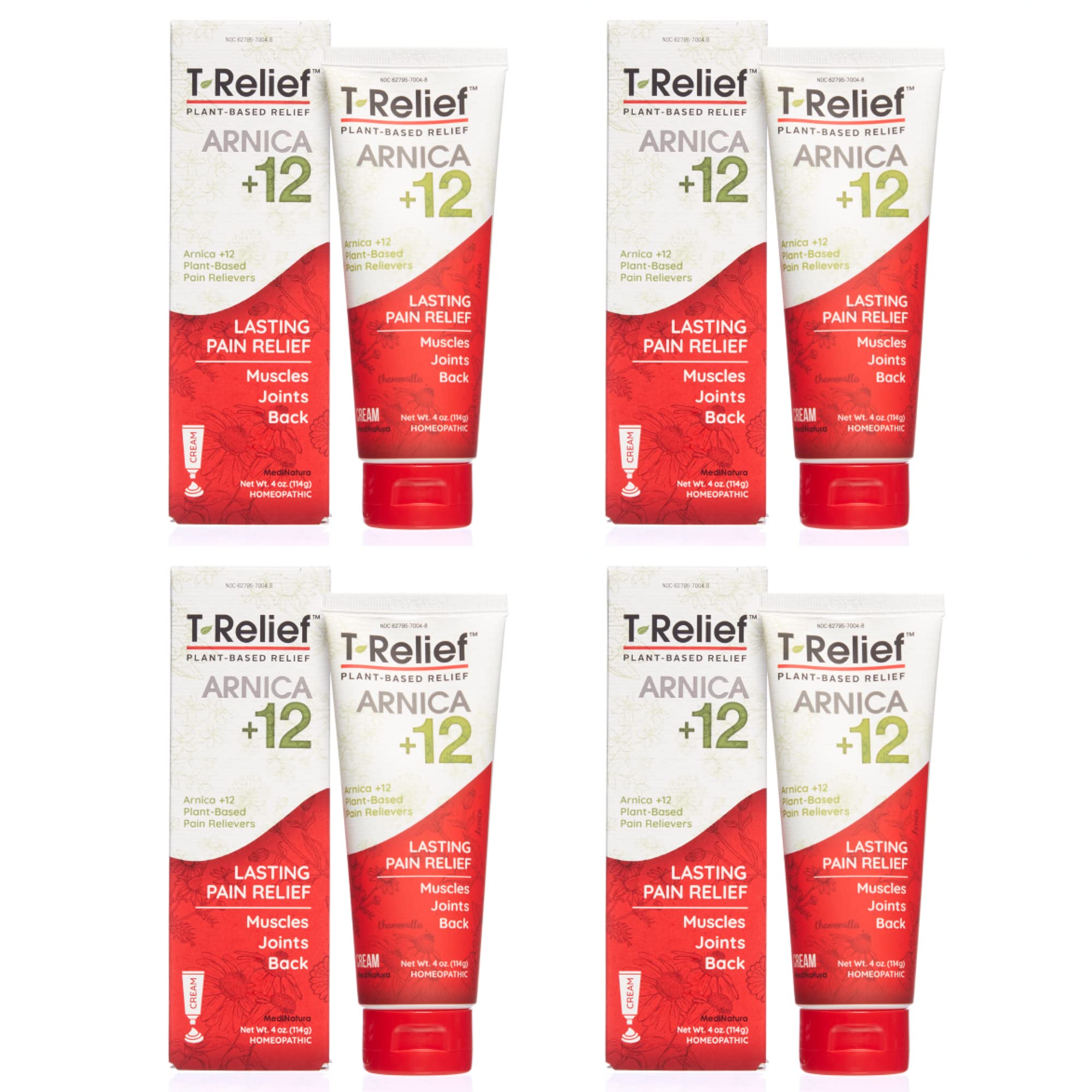 T-Relief Arnica +12 Cream Natural Relieving Actives for Back Pain Joint Soreness Muscle Aches & Stiffness, Whole Body Fast Acting Relief for Women & Men - 4 oz (4 Pack) MediNatura uk supplements