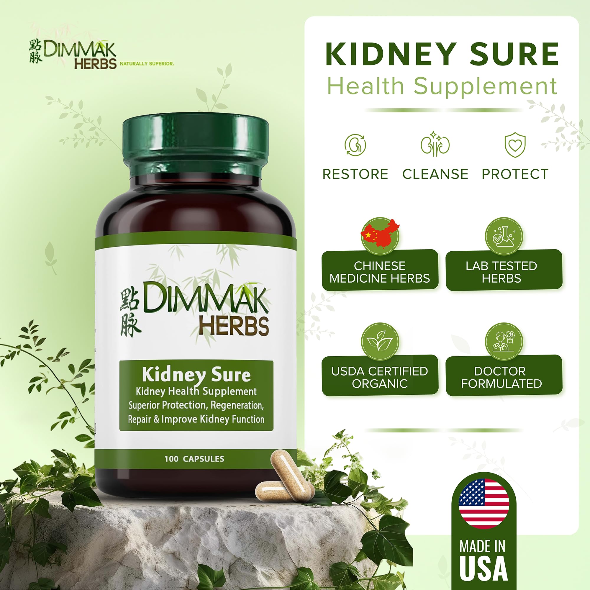 Dimmak Herbs Kidney Sure- Kidney Cleanse & Revitilization Tonic- Organic Herbal Support for Renal Health, Urinary Tract Flow & Vitality- TCM Doctor Formulated, Vegan- 400mg 100 Capsules Dimmak Herbs uk supplements