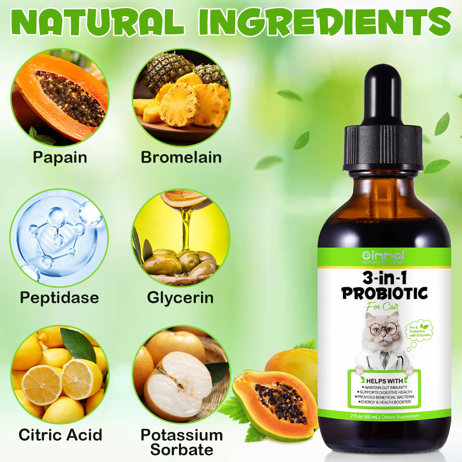 Liquid Cat Probiotic, Natural 3 in 1 Probiotic for Cats, Cat Digestive Support,Gut Health Support,Help with Diarrhea,Gas and Bloating, Cat Herbal Supplements- 60ml VOSIFSDIY uk supplements