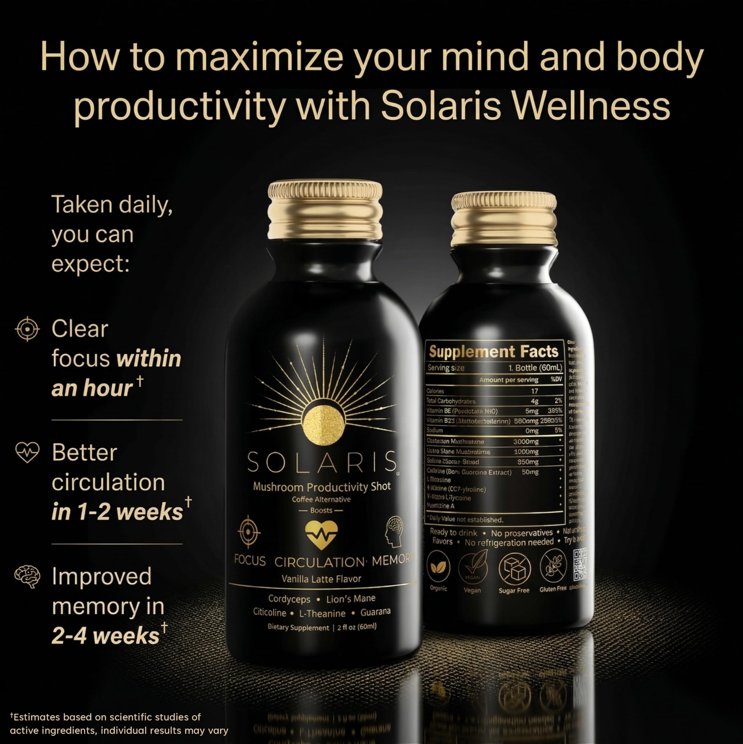 Solaris Mushroom Productivity Wellness Shots | Focus, Circulation, Memory | 4000mg of Cordyceps & Lion's Mane | Citicoline, L-Theanine, Vitamin B6/B12 | Coffee Alternative (6-Pack) Solaris Extracts uk supplements