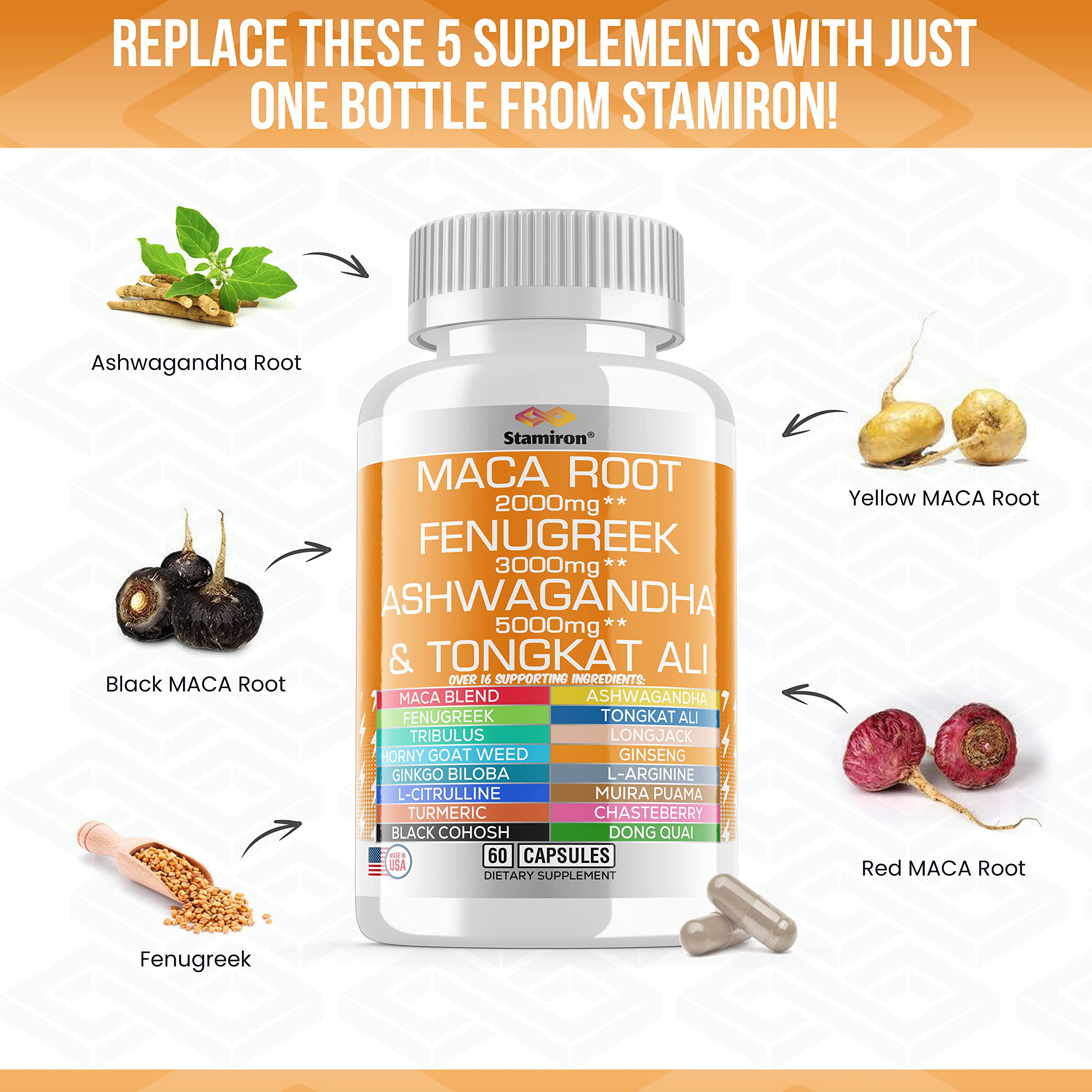 Stamiron Maca Root 2000mg Fenugreek 3000mg Ashwagandha 5000mg Supplement Stamiron uk supplements