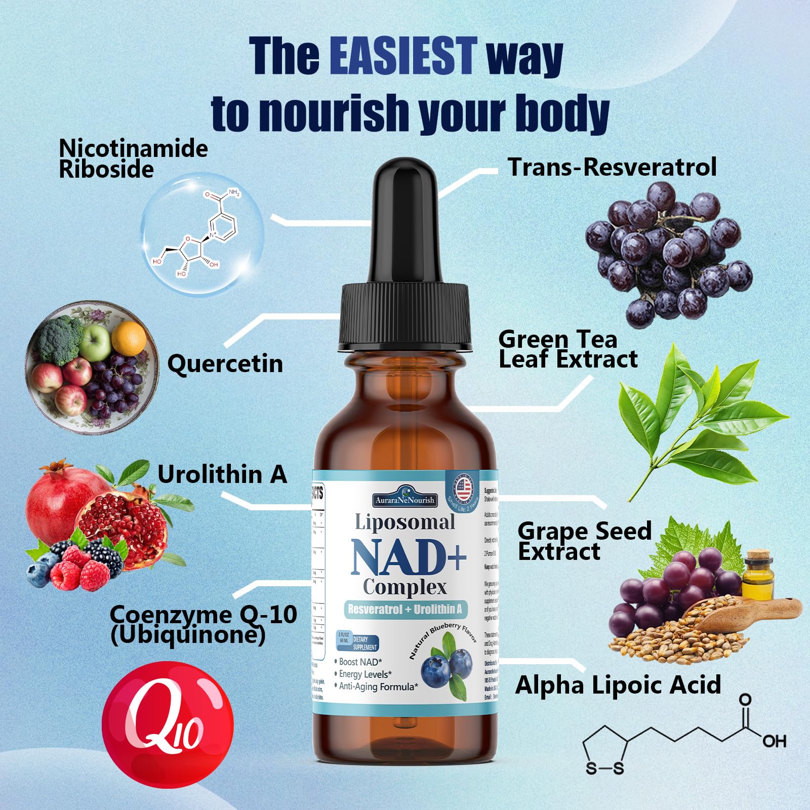 Liposomal NAD+ Liquid Drops, 8-in-1 NAD⁺ Nicotinamide Riboside Resveratrol 900mg w. Quercetin & Urolithin A | Fast Absorption NAD+ Supplement with CoQ10, ALA | Cellular Energy, Anti-Aging, Vitality AuraraNeNourish uk supplements