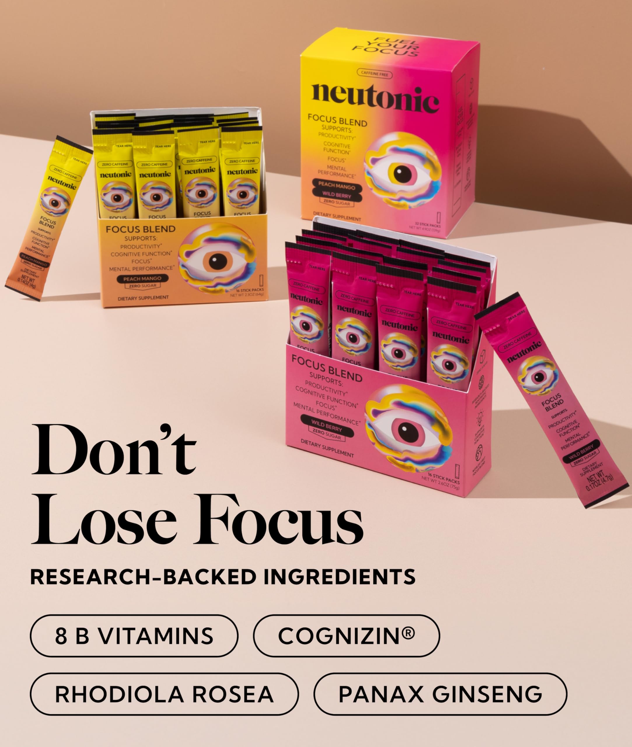 Neutonic Nootropic Focus Blend Powder | Peach Mango & Wild Berry 32 Sticks | Caffeine Free, Zero Sugar | Support Memory, Mental Clarity, Cognitive Function | Boost Focus, Energy, Brain Health Neutonic uk supplements