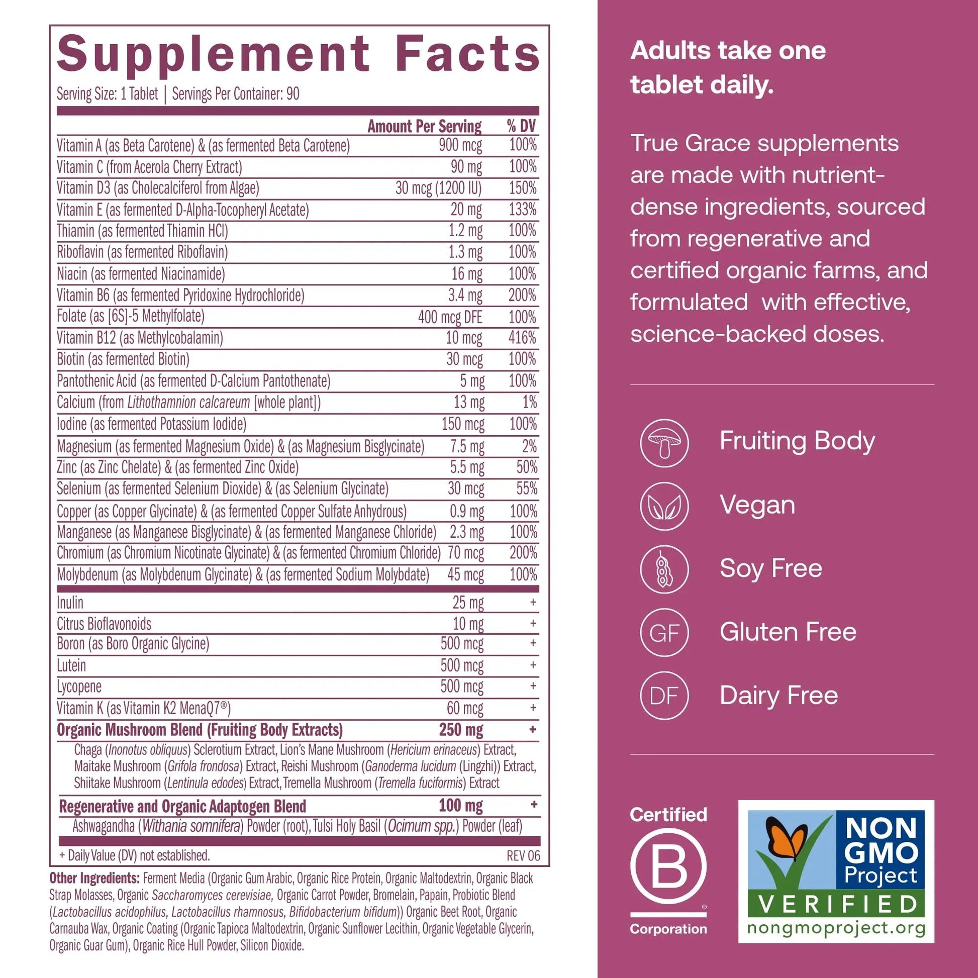 True Grace One Daily Women’s Multivitamin 40+ Fermented Minerals, Organic Adaptogens & Mushrooms Energy, Immune, Bone Support True Grace uk supplements