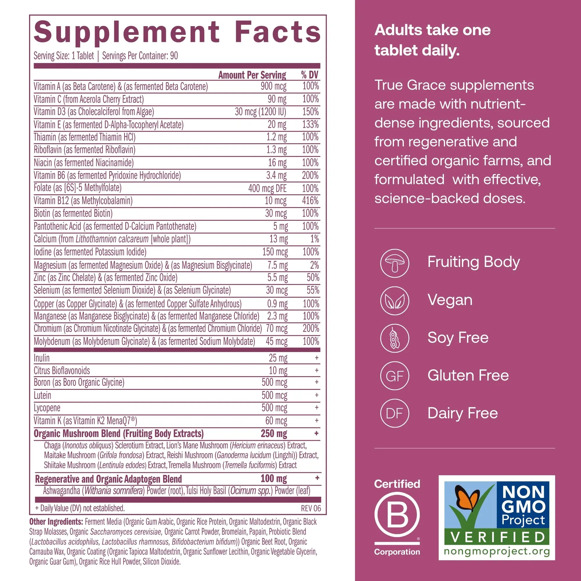 True Grace One Daily Women’s Multivitamin 40+ Fermented Minerals, Organic Adaptogens & Mushrooms Energy, Immune, Bone Support True Grace uk supplements