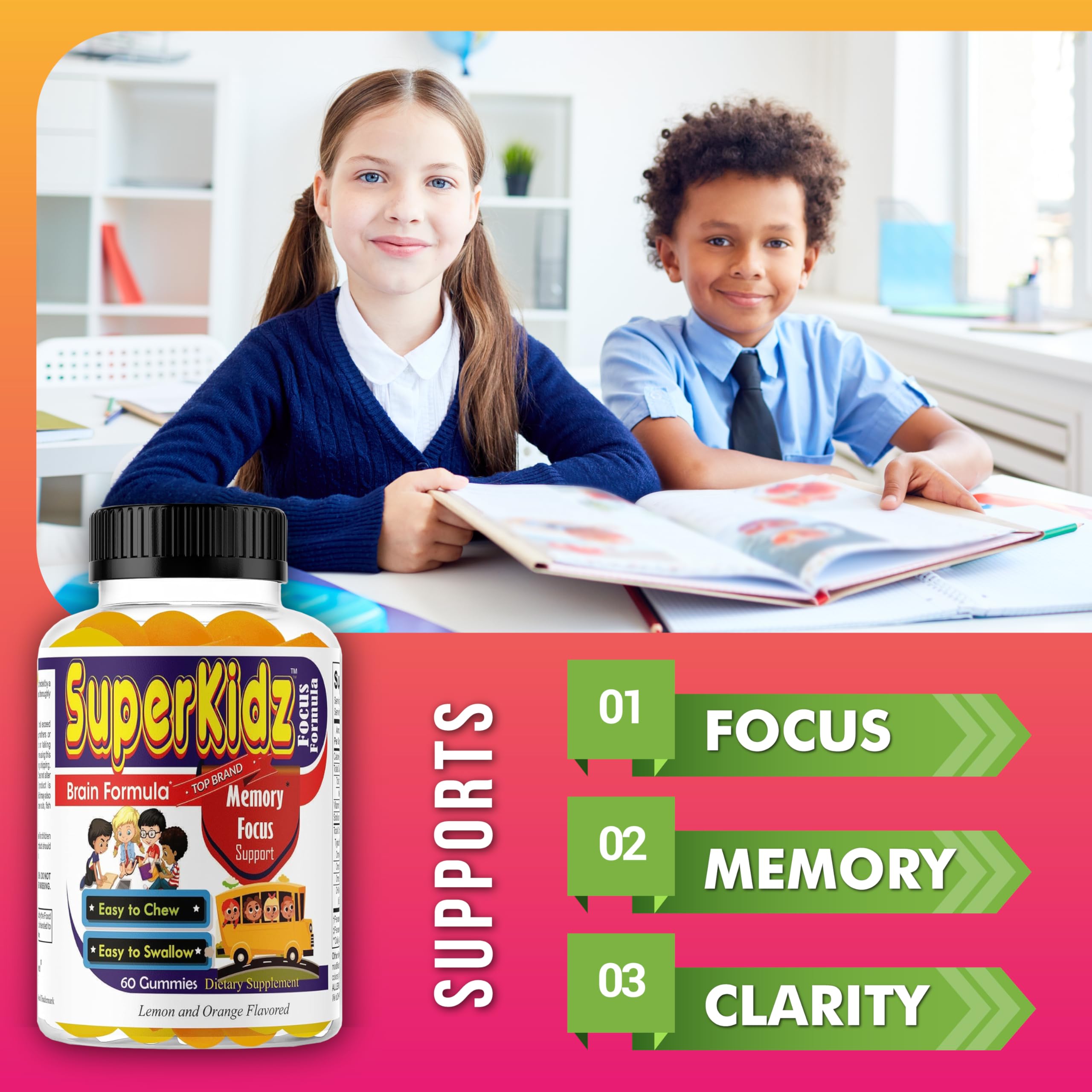 Superkids Focus Gummies for Kids, Omega 3 Gummy Kids Focus and Attention Supplements, Teen Brain Focus Vitamins, Non-GMO Gummy Vitamins, Tasty Lemon & Orange, 60 Count Celebrity LifeStyle Product uk supplements