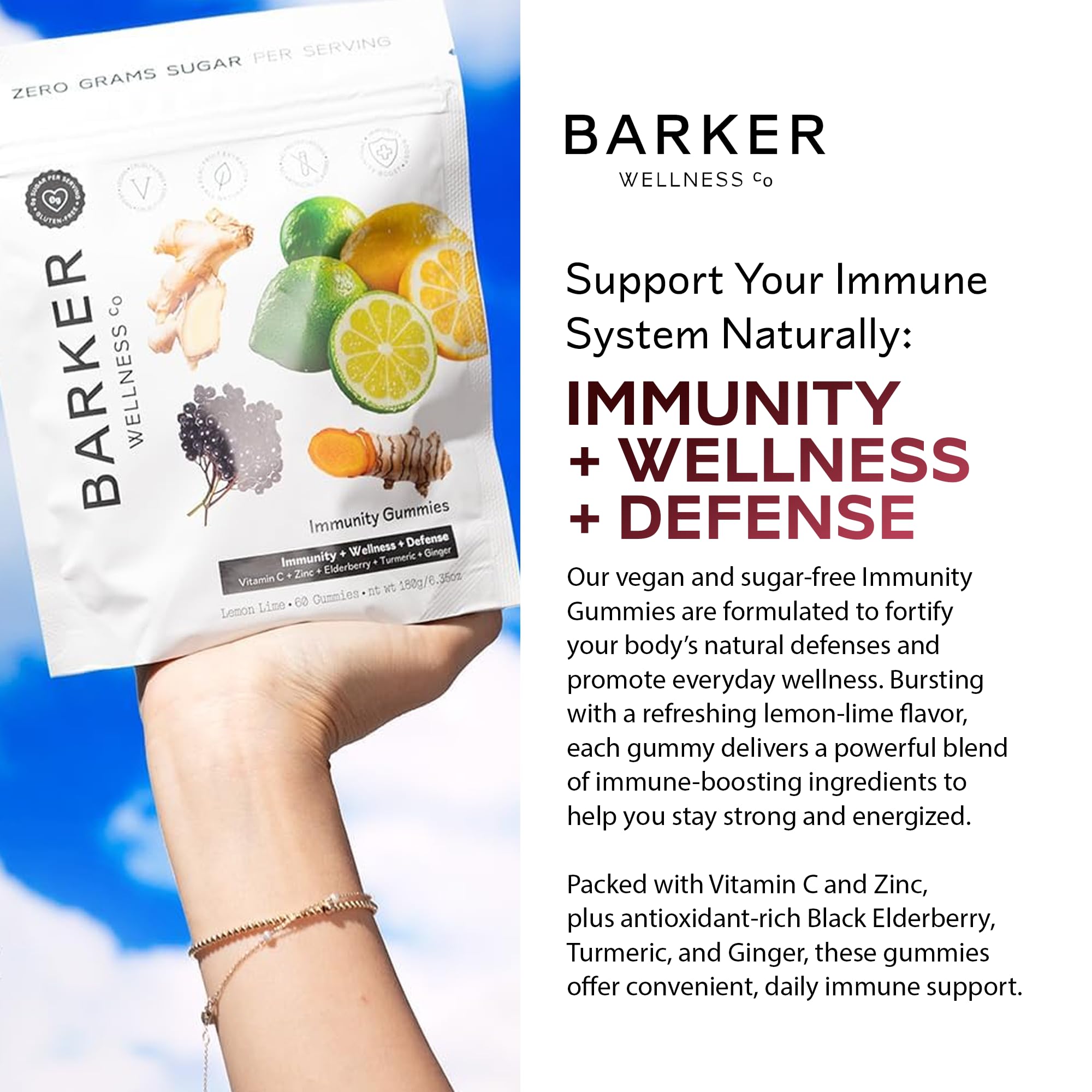 Barker Wellness Immunity Gummies with Vitamin C, Zinc, Elderberry, Turmeric & Ginger for Daily Immune Support | Vegan, Sugar-Free, Lemon-Lime Flavor | Seasonal Wellness Essentials, 60 Count Barker Wellness Co uk supplements