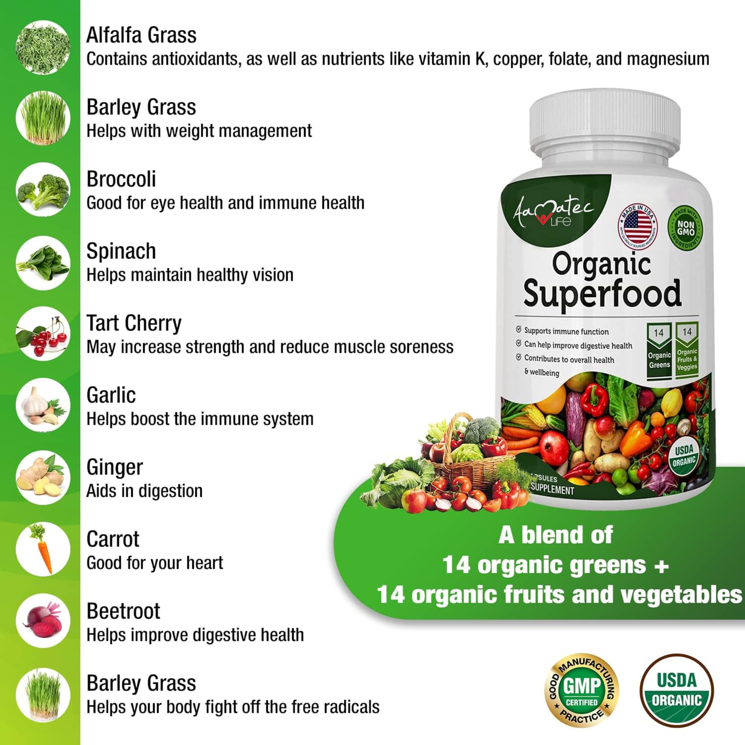 AAMATEC LIFE Organic Superfood Greens Fruits and Veggies Complex - Dietary Supplement with 14 Greens &14 Vegetables with Alfalfa Rich in Antioxidants Organic Ingredients Non-GMO (120 Count Pack of 2) AAMATEC LIFE uk supplements