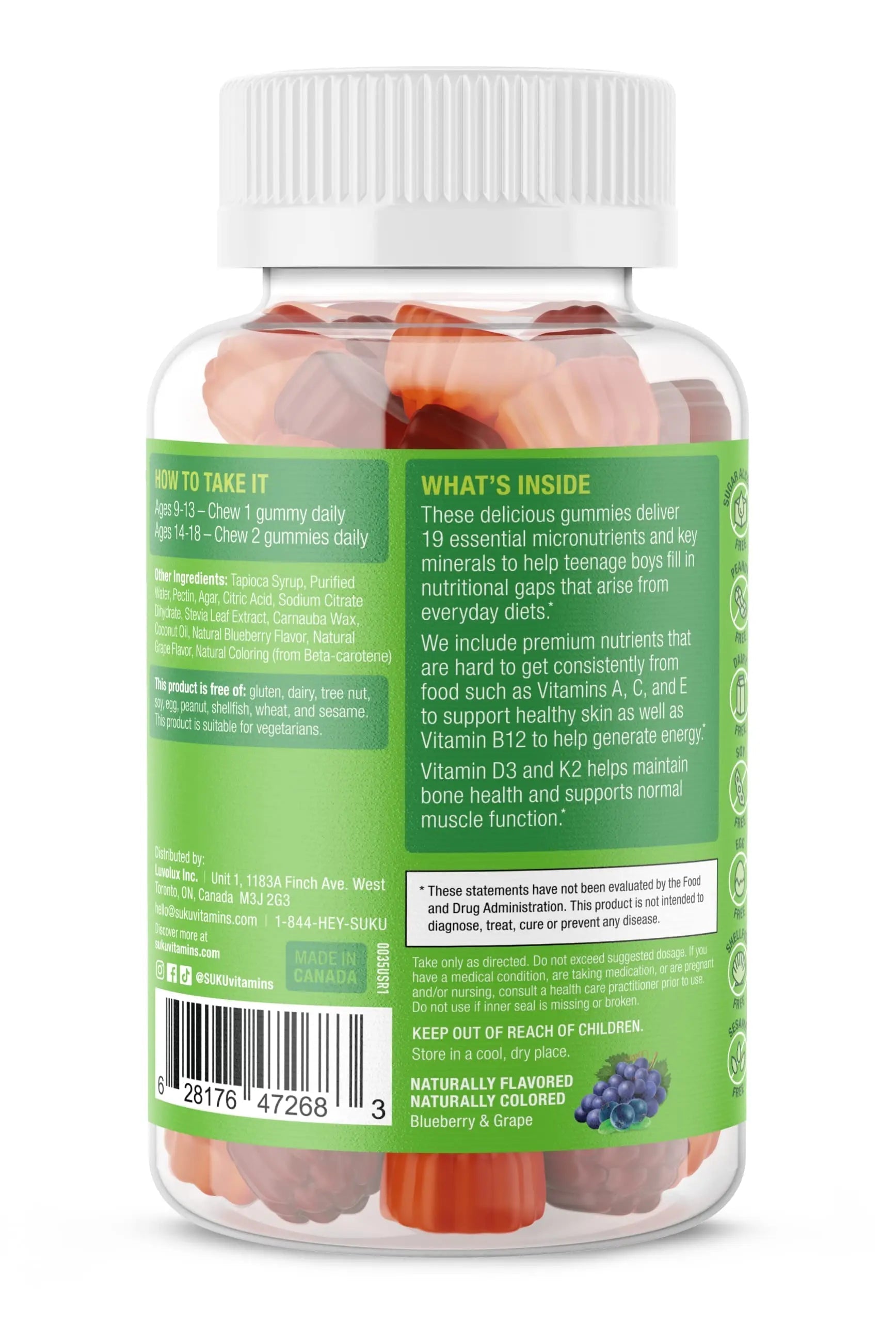 SUKU Teen Boy Multivitamin Gummies – Vitamins A, B12, C, D3, E, Zinc & Biotin – Sugar-Free Vegetarian Supplement SUKU uk supplements