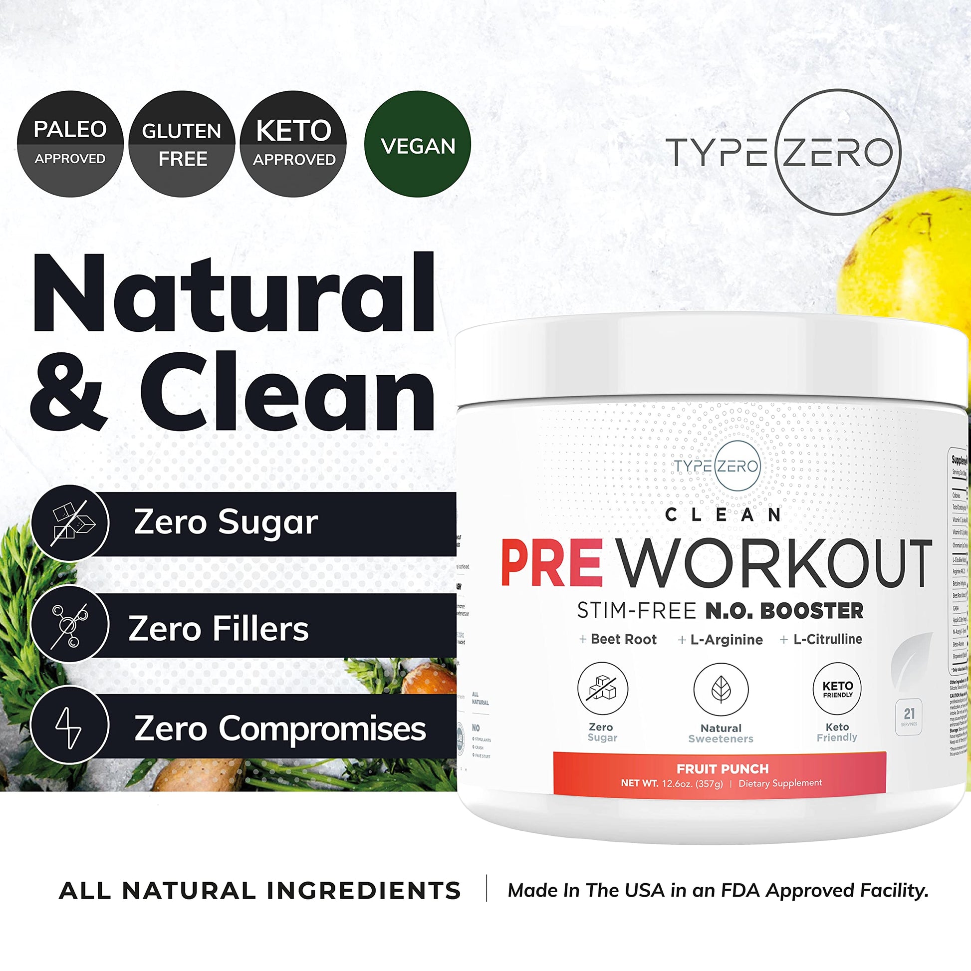 Ultra Clean Stim Free Pump Pre Workout + Nitric Oxide Booster (Fruit Punch) Beetroot, 7G Arginine Citrulline Malate, Betaine, Beta A, ACV+ - Sugar/Caffeine Free Natural Non Stim Preworkout Men & Women Type Zero uk supplements