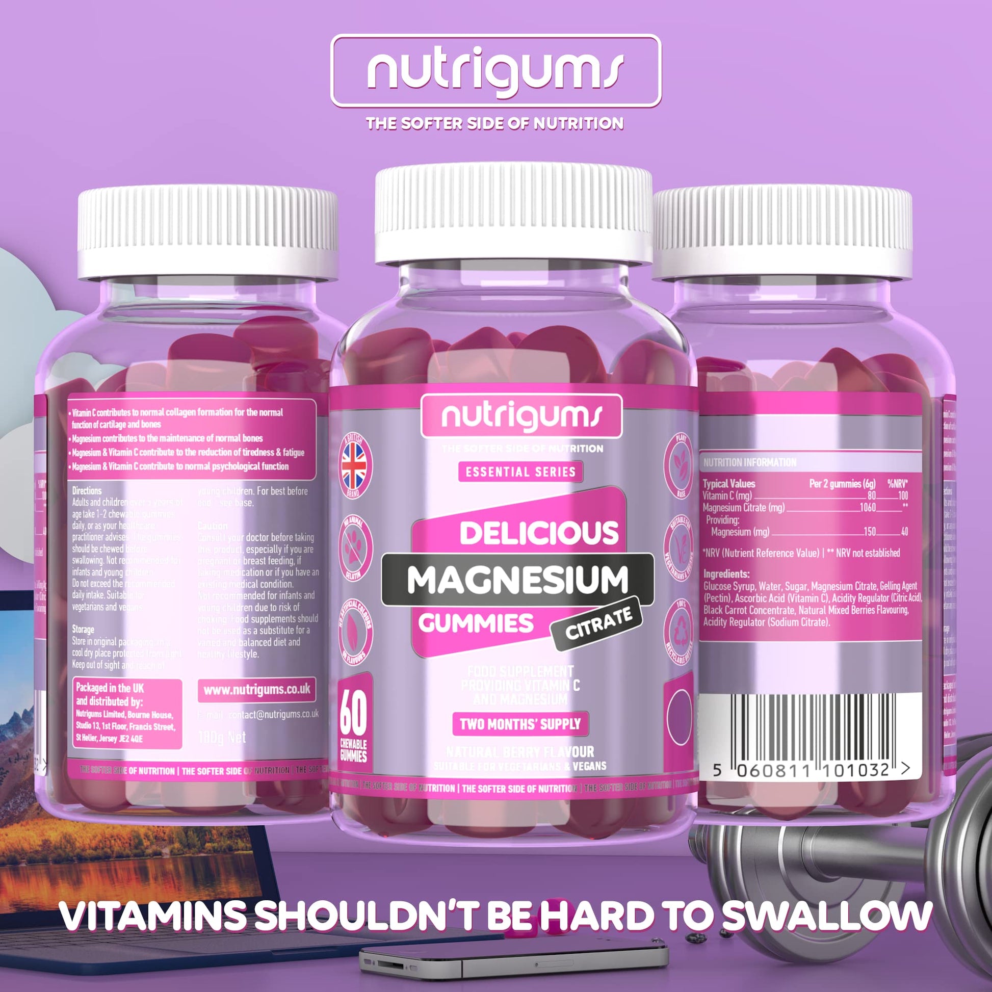 Magnesium Citrate 1250mg & Vitamin C Gummy | Mixed Berry Flavour | 60 Vegan Gummies Nutrigums uk supplements
