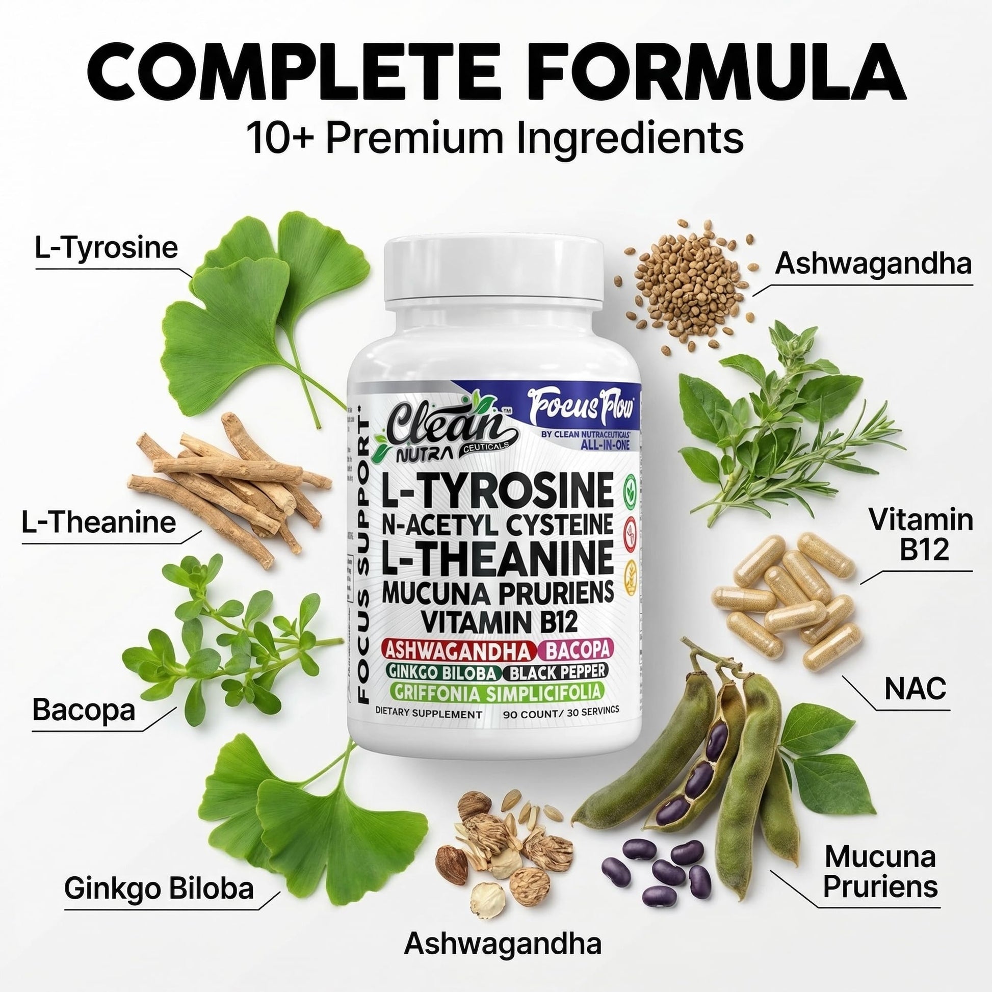 Focus Flow L-Tyrosine Vitamin B C D L-Theanine Ashwagandha Ginkgo Biloba Vitamin B12 Thiamine Black Pepper N-Acetylcysteine Mucuna Pruriens 90 Count Capsules by Clean Nutra Clean Nutraceuticals uk supplements