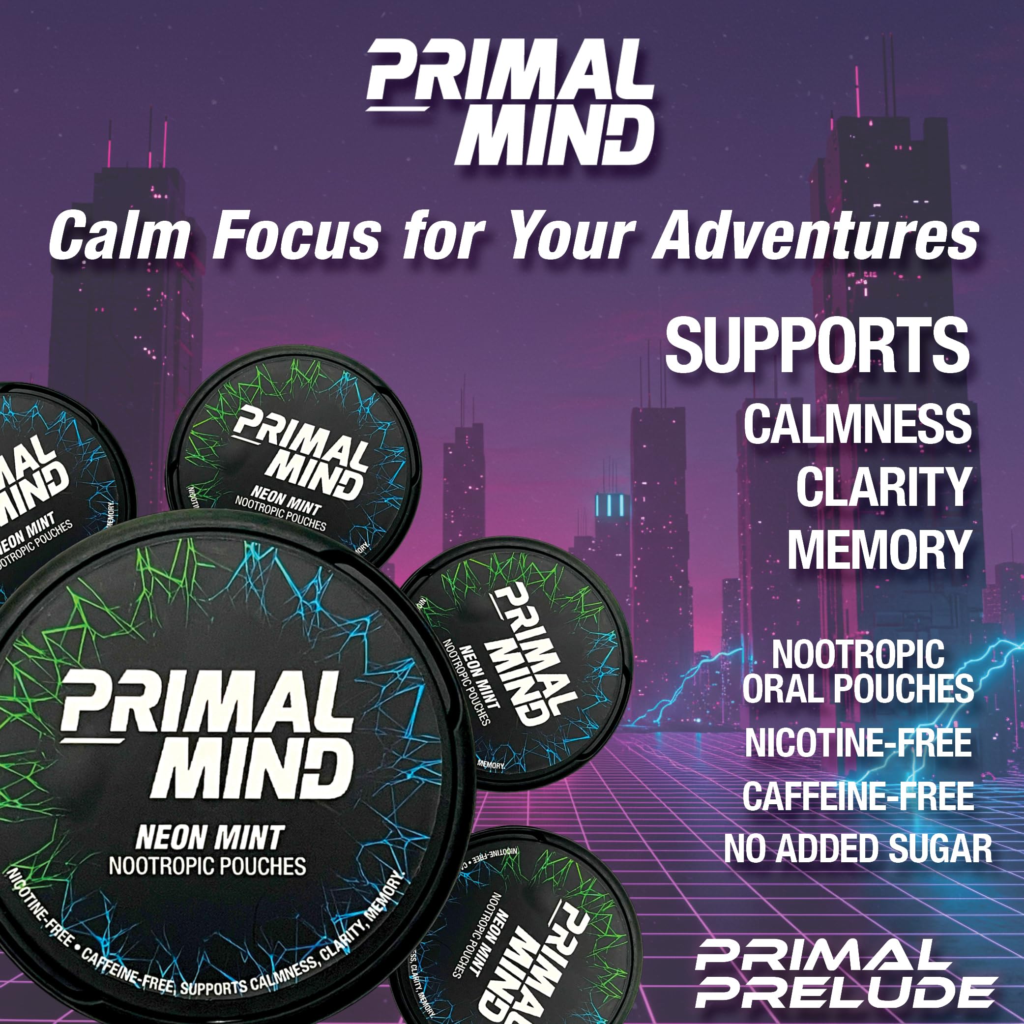 Nootropic Pouches - Primal Mind Caffeine Free Nootropics Pouches Made with Ginkgo Biloba & L-Theanine - Nicotine Free Brain Boost, No Sugar, Cognitive Support – 20 Pouches Per Can, 5 Pack (Neon Mint) Primal Prelude uk supplements