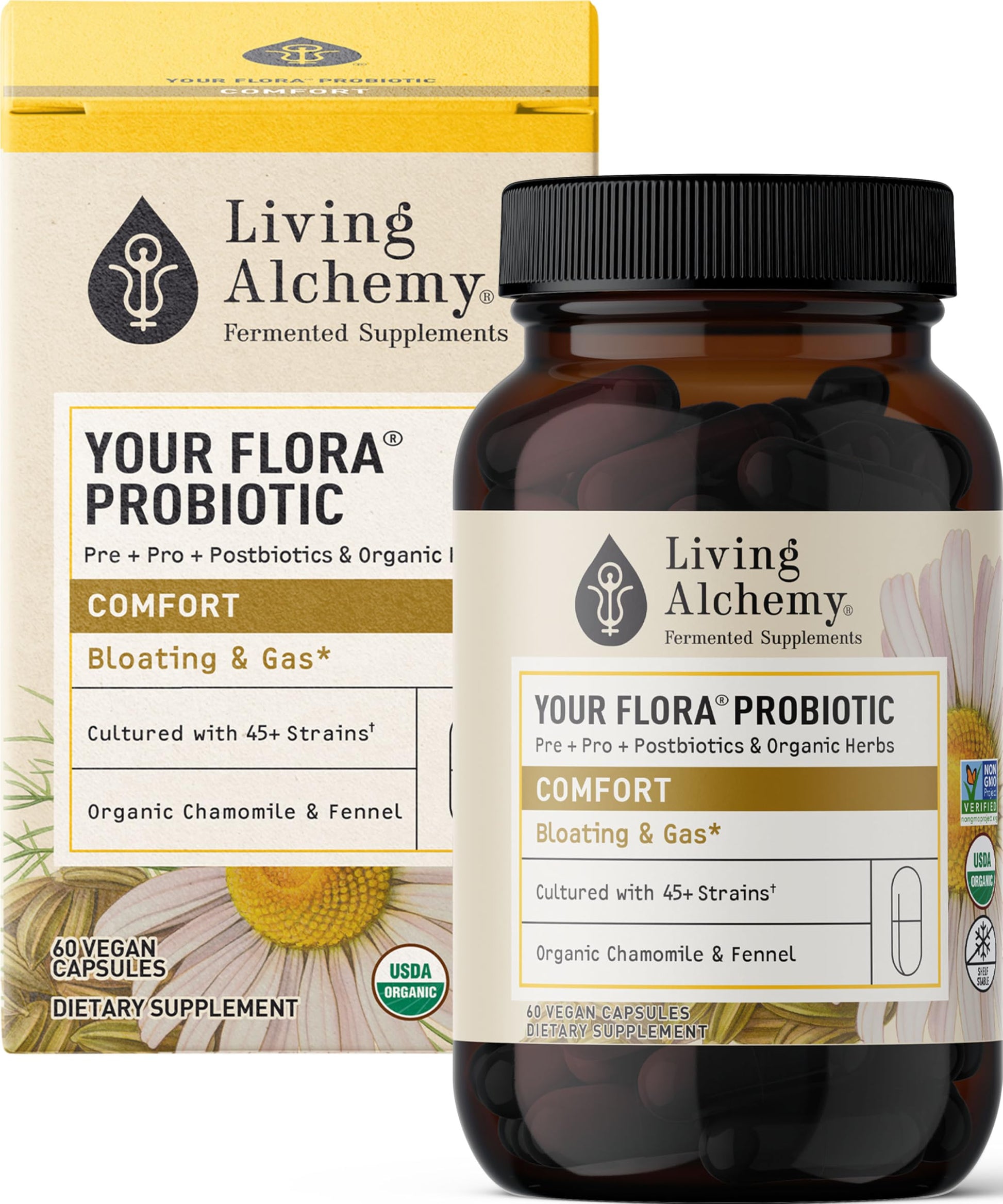 Your Flora Probiotic Comfort – Non-GMO Probiotics with Fermented Soybean, Chamomile, Fennel, Prebiotics, Digestive Enzymes for Digestion & Bloating – Prebiotics, Postbiotics – Living Alchemy, 60 Pcs Living Alchemy uk supplements