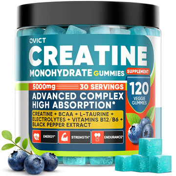 99.99% Creatine Monohydrate Gummies for Men Women 5g, 7-in-1 Pre-Workout Complex with BCAA, Taurine, B12/6 & Electrolytes, 6X Boost Energy, Muscle Strength & Recovery OVICT uk supplements