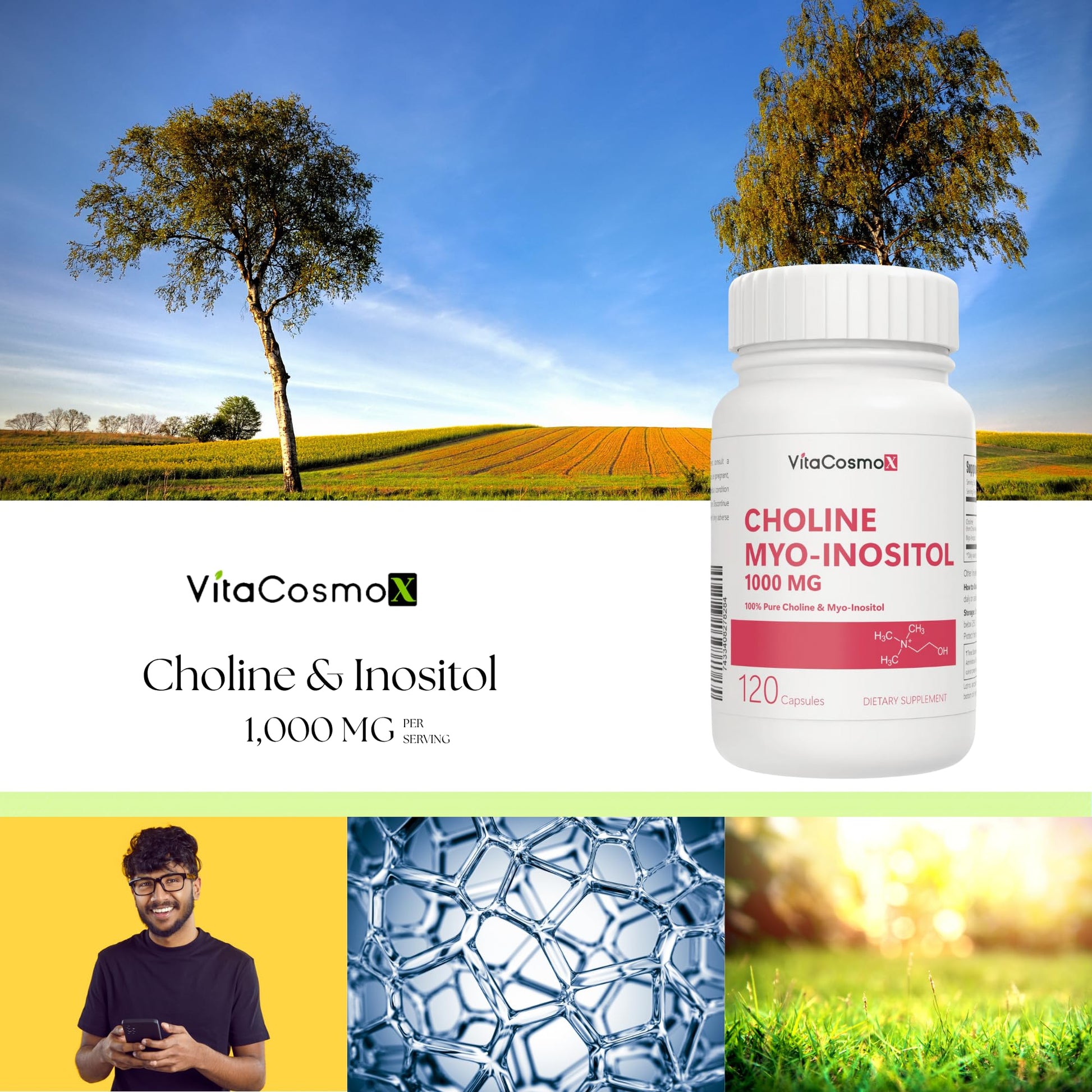 VitaCosmoX Choline and Myo-Inositol Supplement, 1000 mg Each, 120 Veggie Capsules 100% Vegetarian, Non-GMO & Gluten Free VitaCosmoX uk supplements