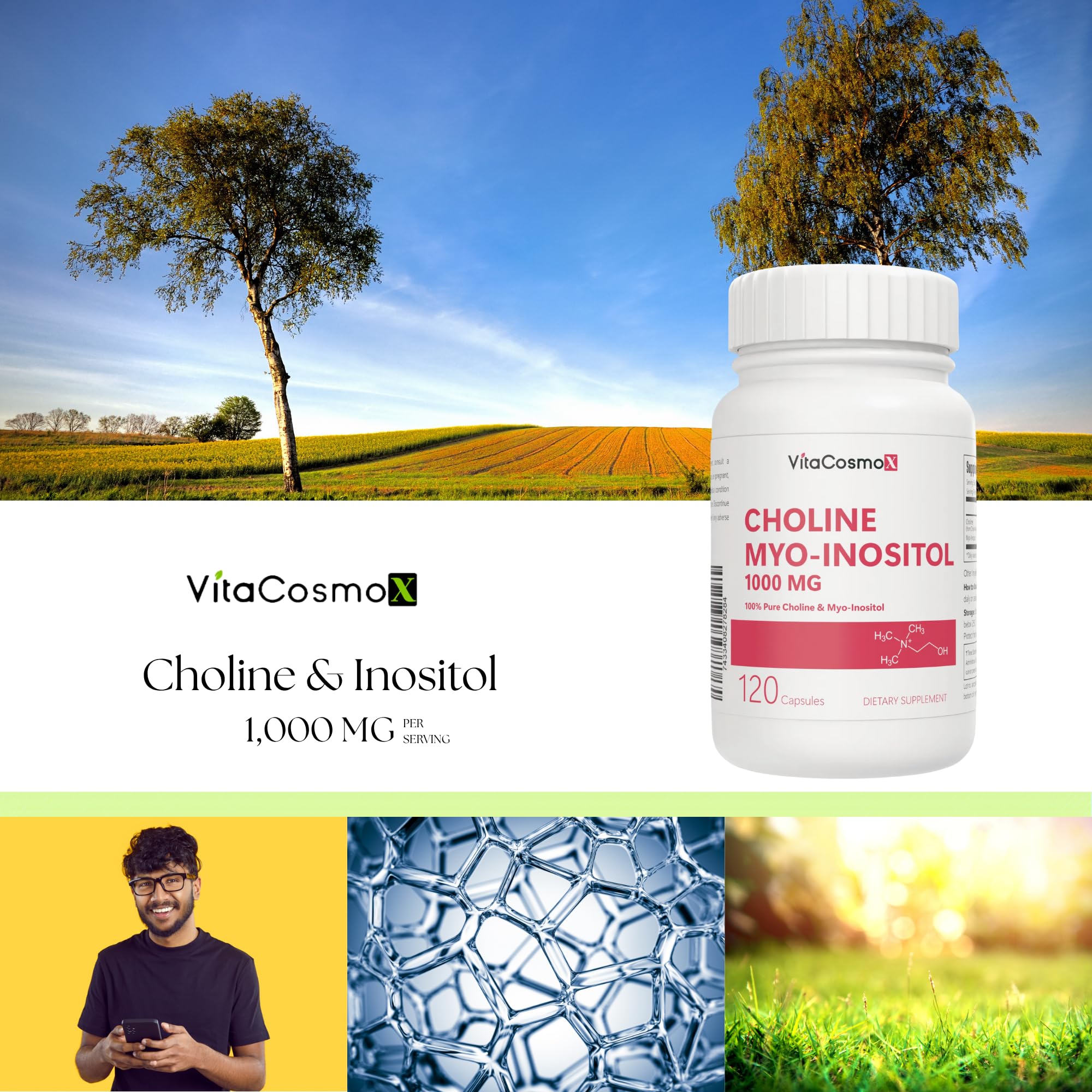 VitaCosmoX Choline and Myo-Inositol Supplement, 1000 mg Each, 120 Veggie Capsules 100% Vegetarian, Non-GMO & Gluten Free VitaCosmoX uk supplements