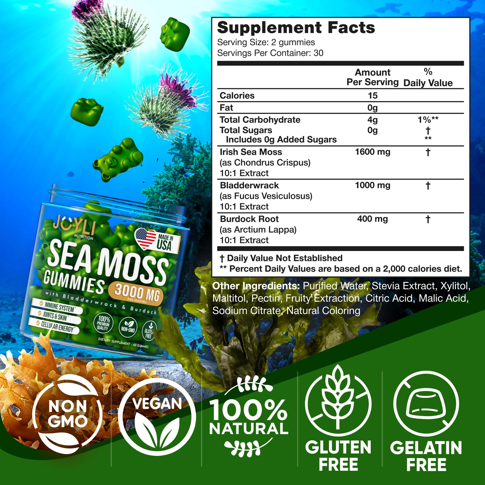 Sea Moss Gummies - Irish Seamoss Gummies for Adults & Kids - Advanced Superfood Supplement with Natural Sea Moss Gel, Bladderwrack & Burdock Root Extract - 60 Vegan Irish Moss Gummy Bears JOYLI Nutrition uk supplements