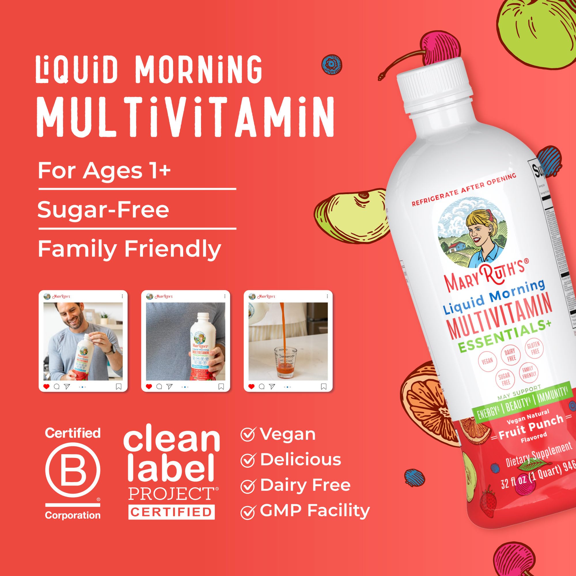 MaryRuth Organics Liquid Morning Multivitamin Essentials+ | Vitamin A C D E B6 B12 Biotin Zinc, Mens Womens Multivitamin, Immune Support, Beauty | Sugar Free | Vitamins for Ages 1+ | Vegan | 32 Fl Oz MARYRUTH'S uk supplements