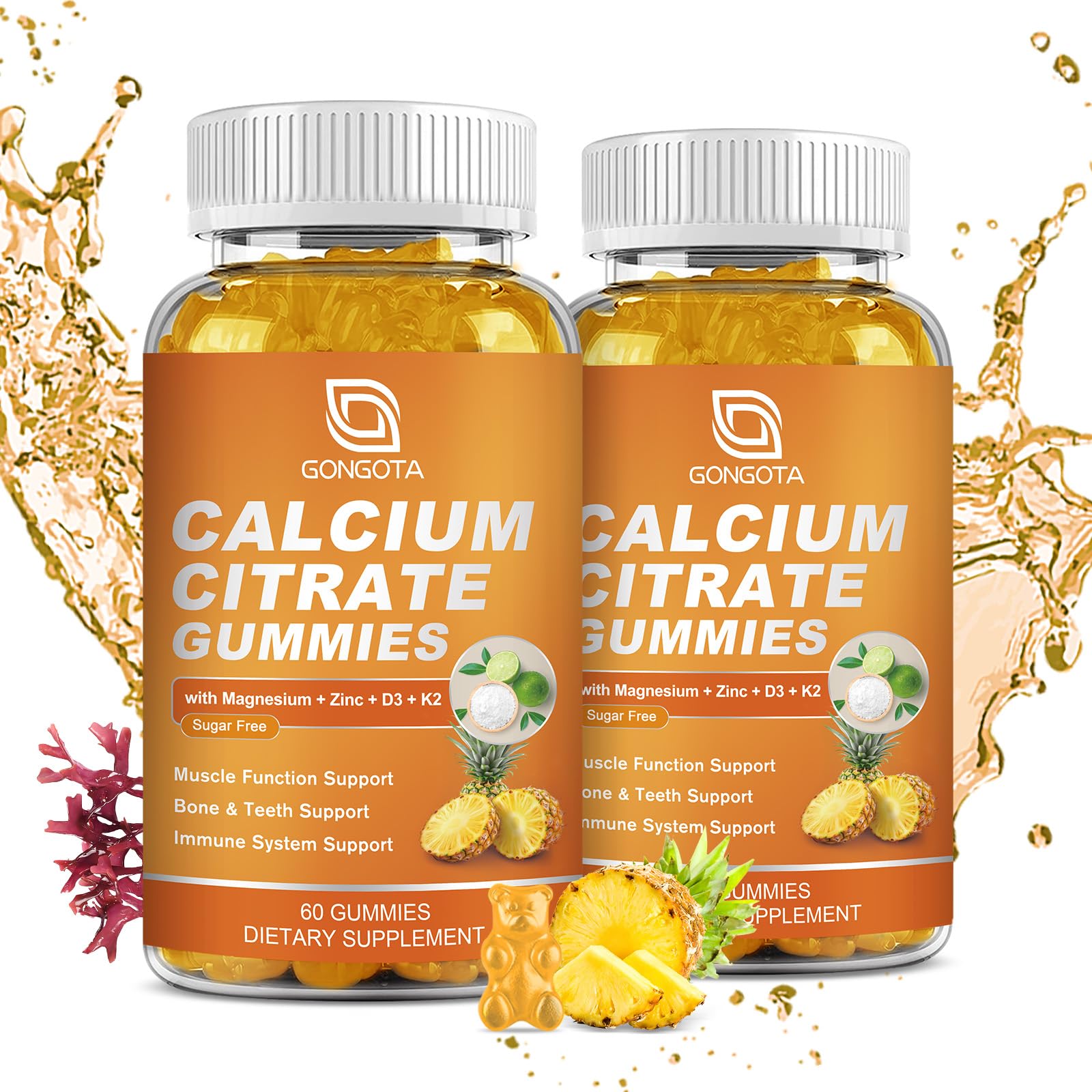 GONGOTA Calcium Citrate 1200mg with Vitamin D3 Gummies, Chewable Calcium for Bone, Muscle, Joints, Immune Support, Calcium Supplements for Women & Men,Sugar Free, Pineapple Flavor - 120 Gummies GONGOTA uk supplements