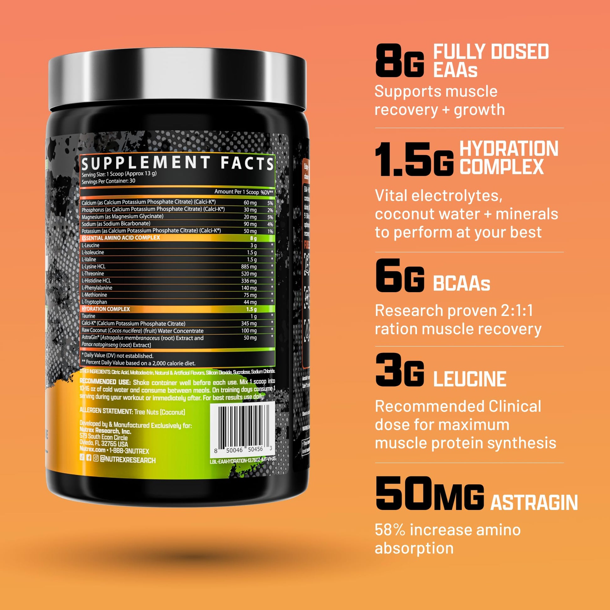 Nutrex Research EAA Hydration | EAAs + BCAA Powder | Muscle Recovery, Strength, Muscle Building, Endurance | 8G Essential Amino Acids + Electrolytes | 30 Servings It's Mango Time Nutrex Research uk supplements