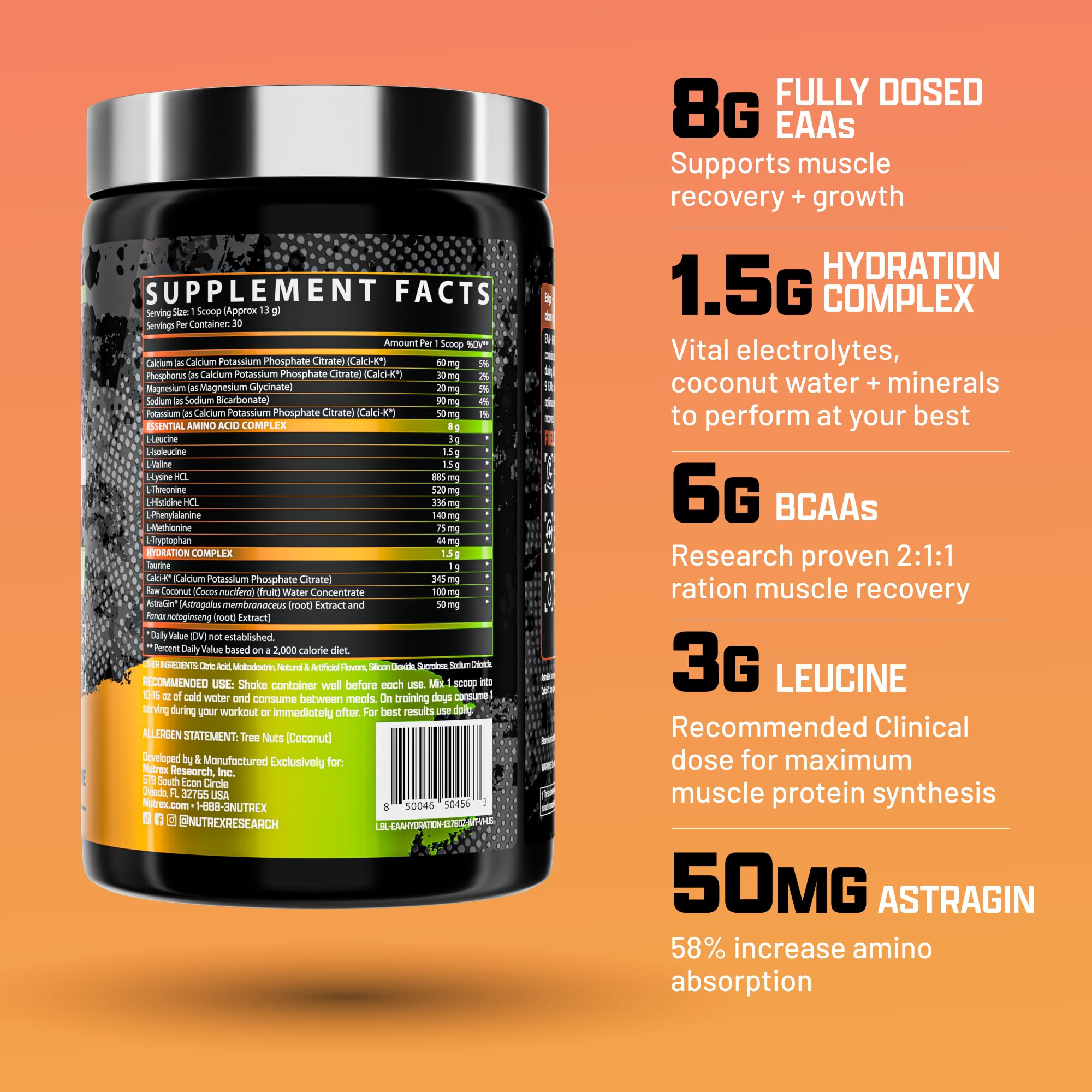 Nutrex Research EAA Hydration | EAAs + BCAA Powder | Muscle Recovery, Strength, Muscle Building, Endurance | 8G Essential Amino Acids + Electrolytes | 30 Servings It's Mango Time Nutrex Research uk supplements