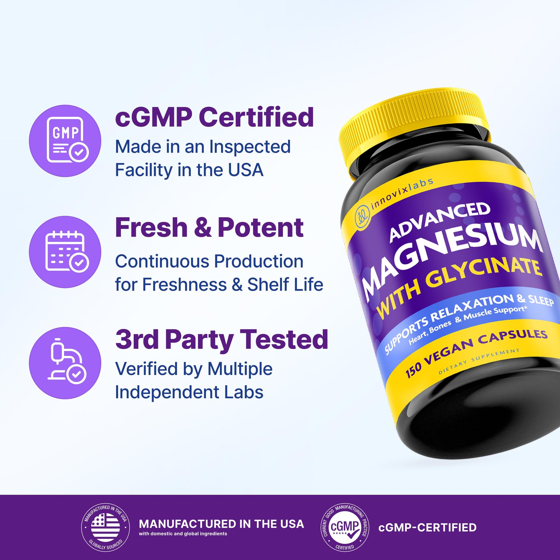 InnovixLabs Advanced Magnesium Capsules - 150 Ct, 210 mg - Chelated Glycinate and Malate - High Absorption, Promotes Relaxation, Bones, Muscle Health, Vegan Malate Sleep Supplement InnovixLabs uk supplements