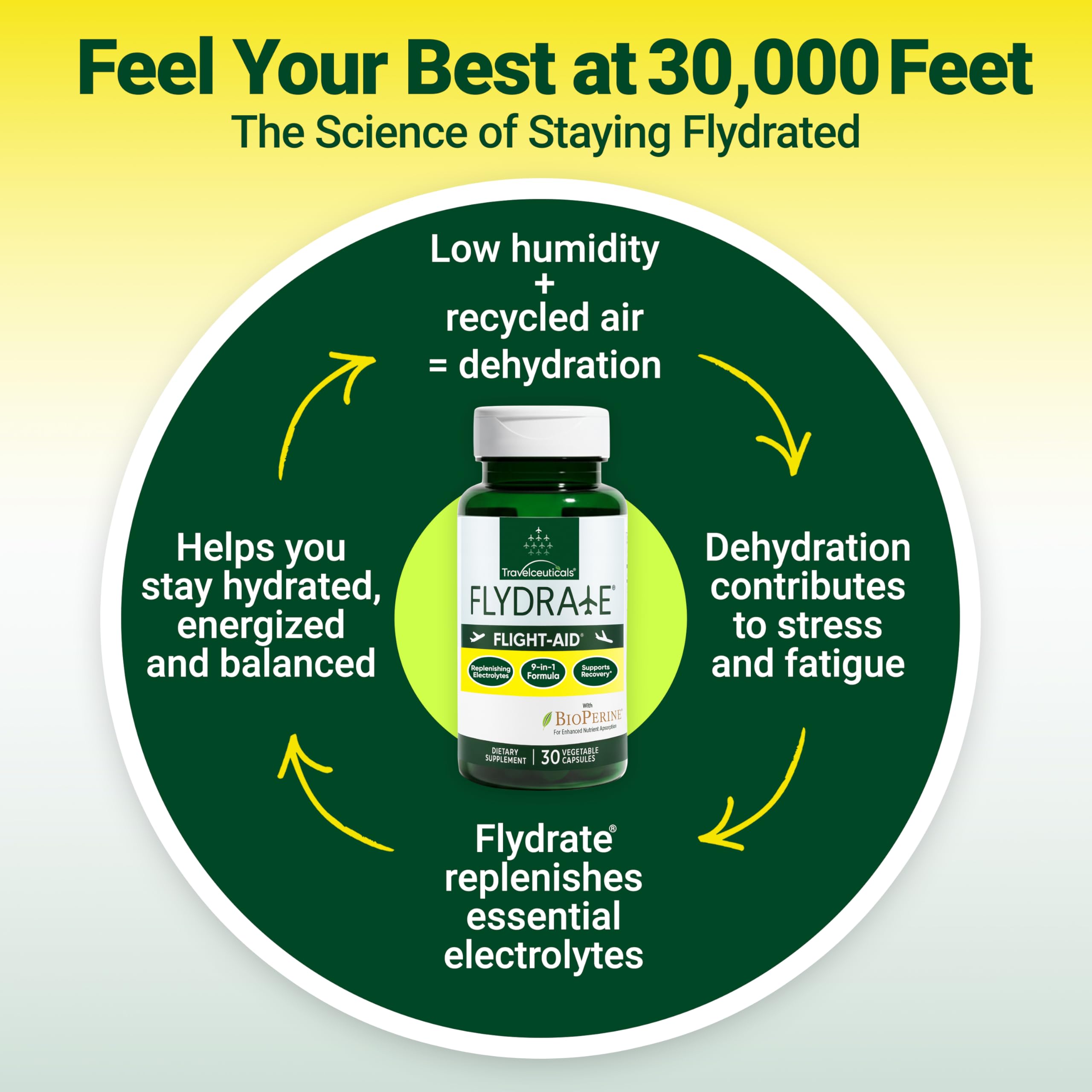 Flight-Aid | Replenishing Electrolyte Hydration Capsules Made for Travel, Jet Lag, Fatigue & Recovery | 9-in-1 Formula with Essential Electrolytes, Vitamins, Minerals & Bioperine® | 30 Capsules Flydrate uk supplements