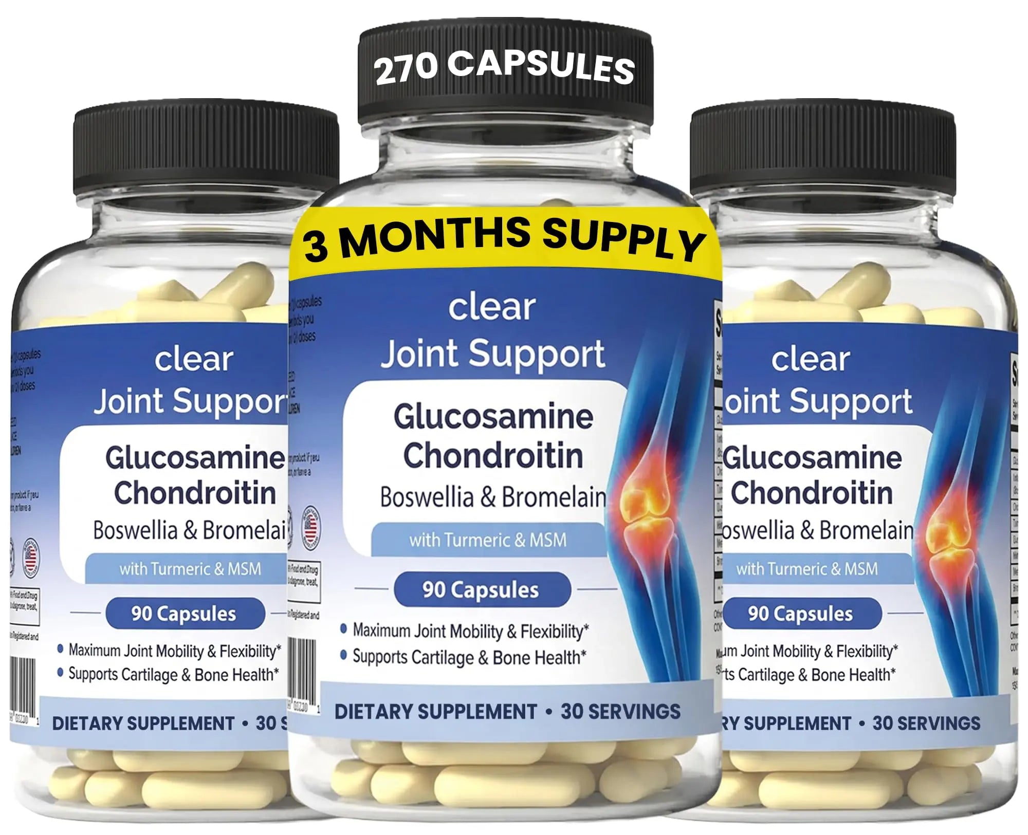 Clear Joint Support - 3-Month Supply | 3-Pack (270 Capsules) | Glucosamine Chondroitin MSM, Turmeric & Boswellia | Supports Knee, Hip & Back Health | Made in USA Clear Probiotics uk supplements