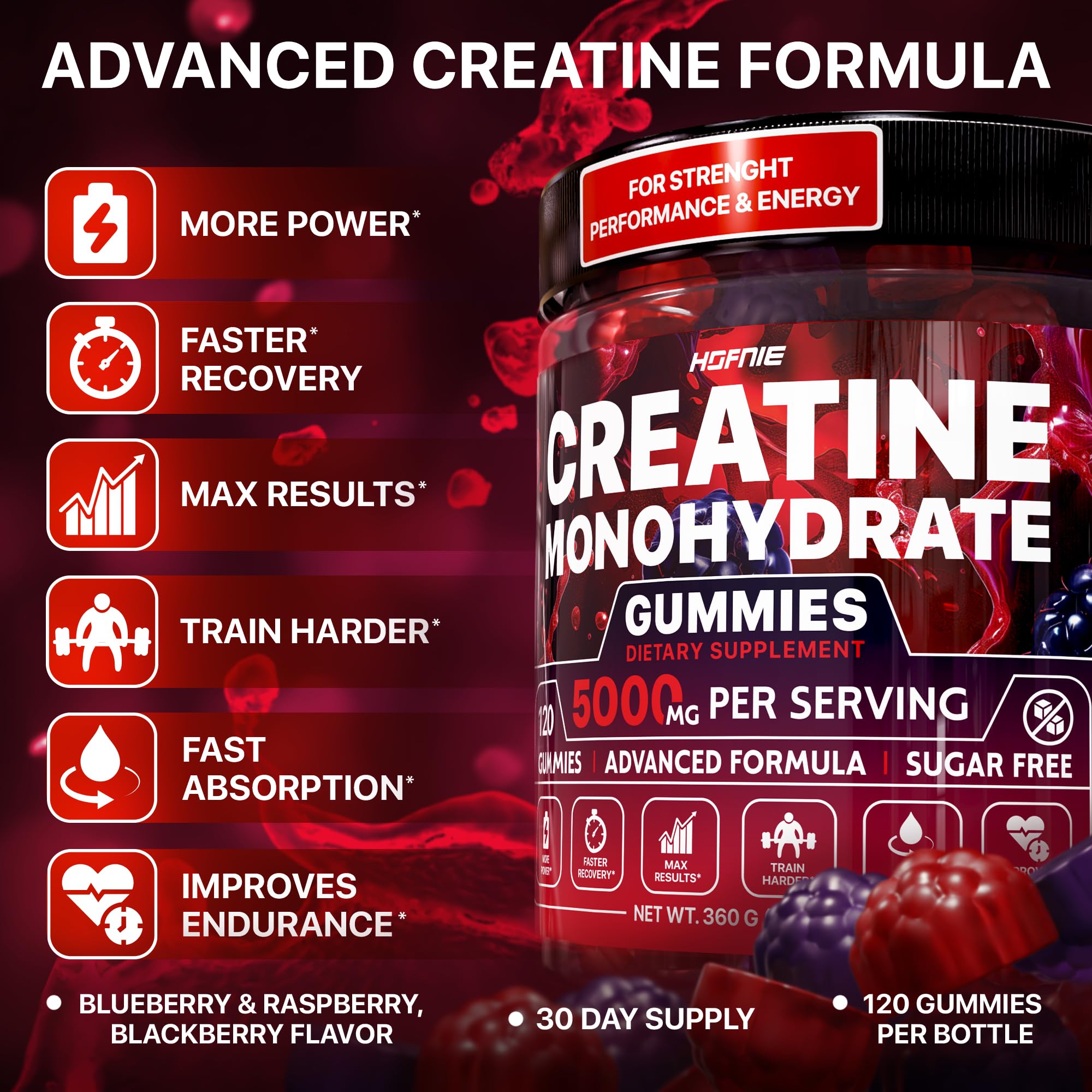 Hofnie Creatine Monohydrate Gummies 5000 mg – Vegan, Sugar-Free Pre Workout Creatine for Men & Women – Raspberry & BlackBerry Flavored Chewable Creatine Monohydrate, 120 Gummies (30-Day Supply) Hofnie uk supplements