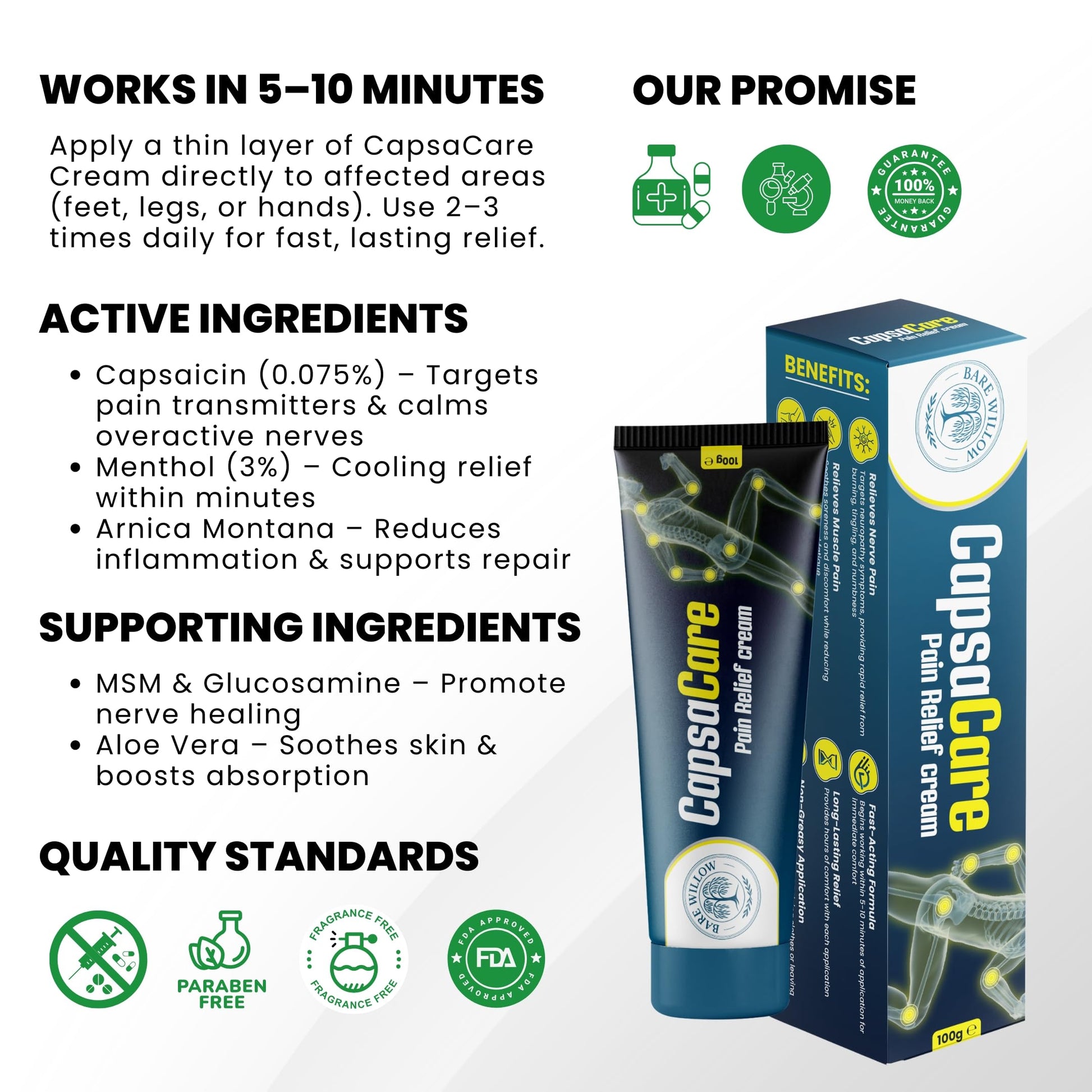 CapsaCare Cream with Capsaicin 0.125% & Magnesium, NeuroSoothe Blend with Arnica, Glucosamine, Menthol & Aloe, Fragrance Free, Non Greasy, Hydrating Topical Skin Cream for Men and Women, 100g (1 Pack) Bare Willow uk supplements